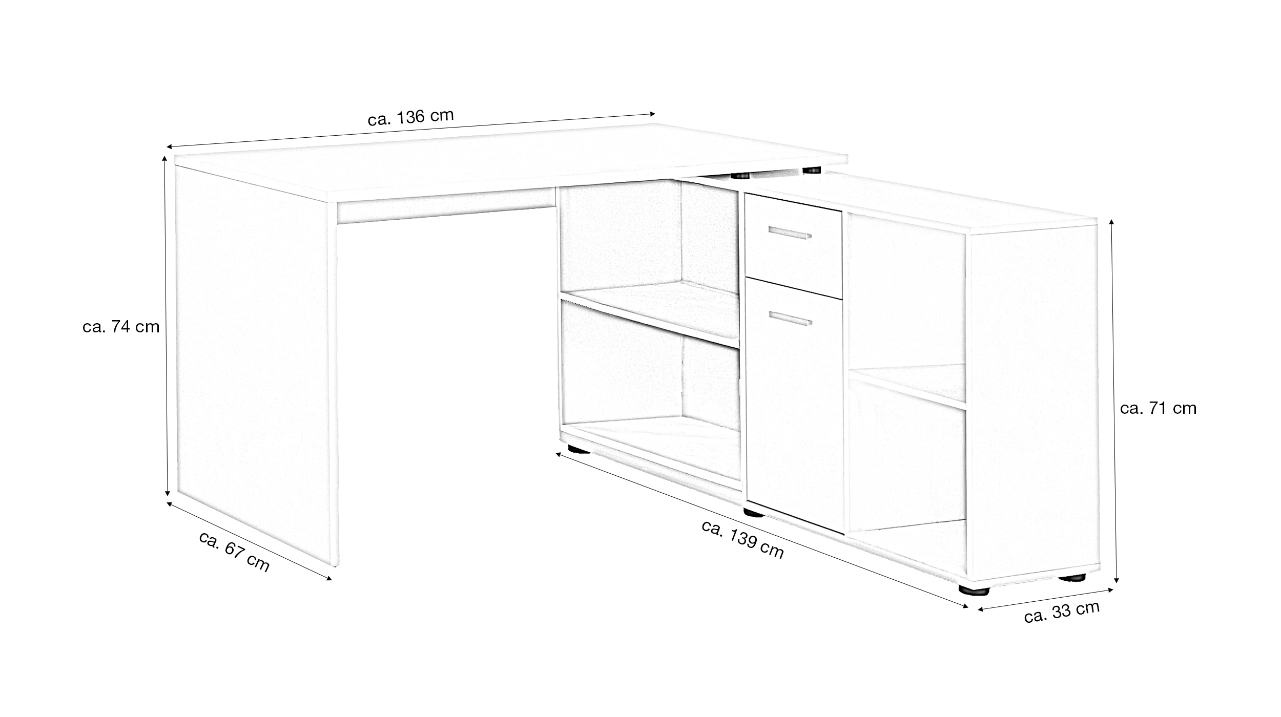 Eck-Schreibtisch weiß 136 cm - mit Schublade - LEXO