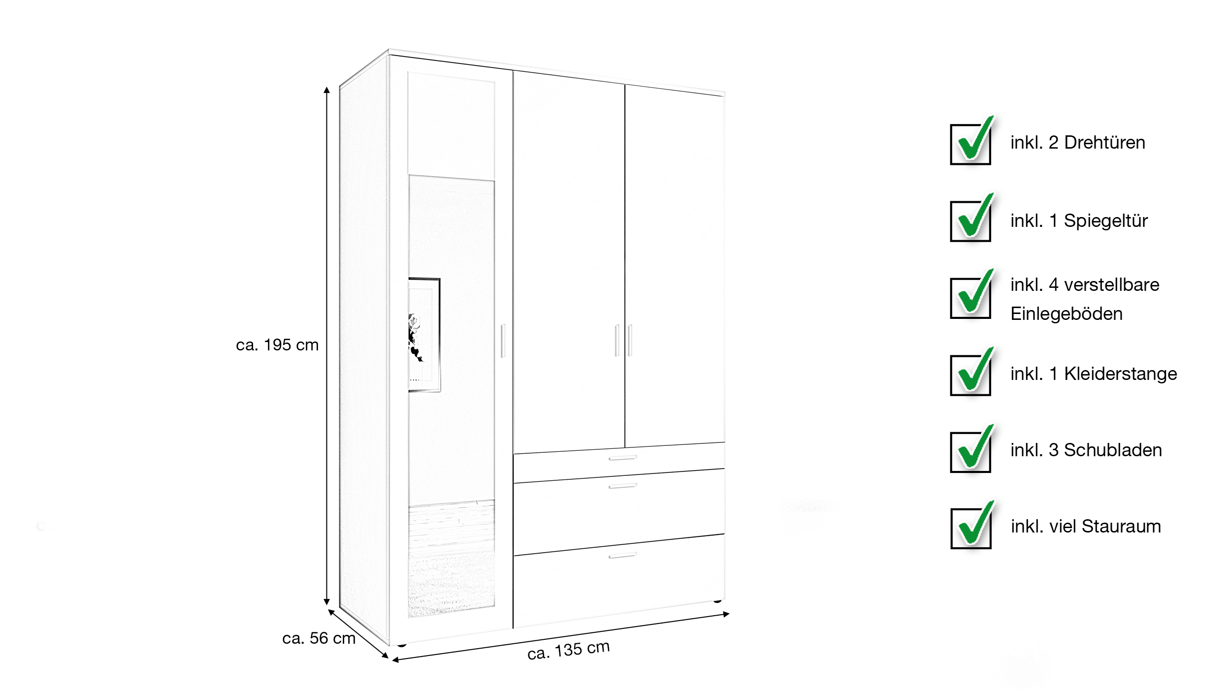 Kleiderschrank weiß mit Spiegel - 135 cm - 3-türig - VESALA