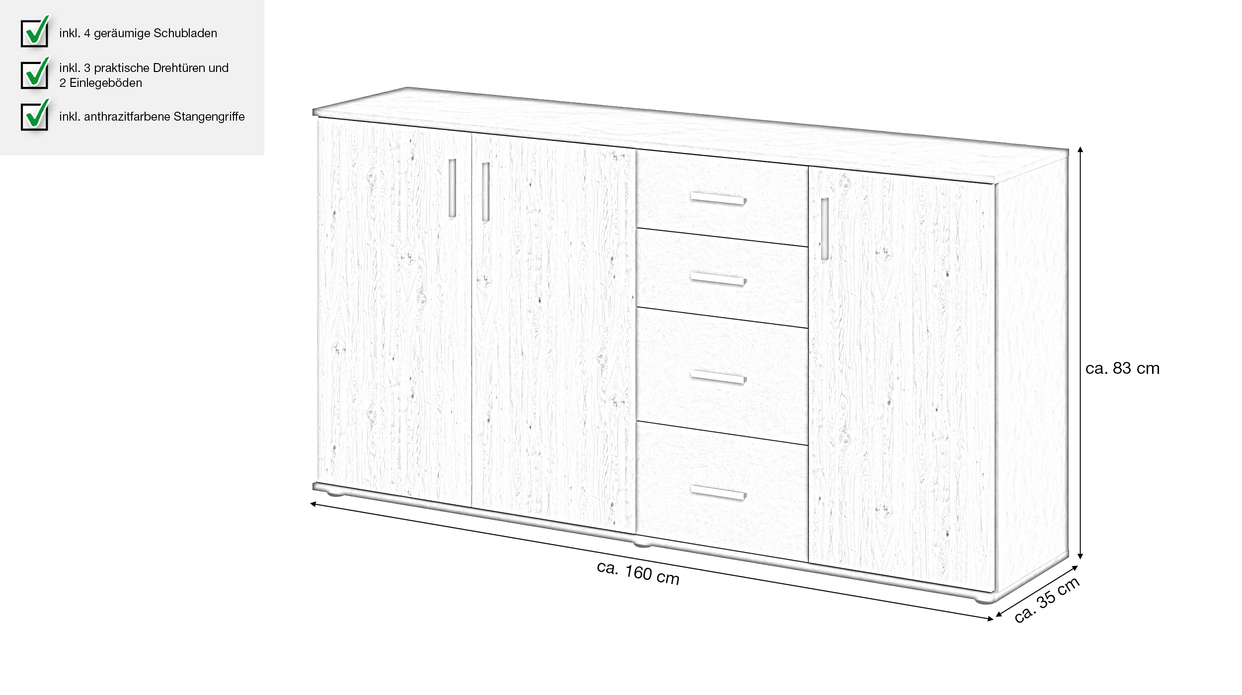 Kommode mit Schubladen anthrazit Artisan Eiche 160 cm - ALBATA