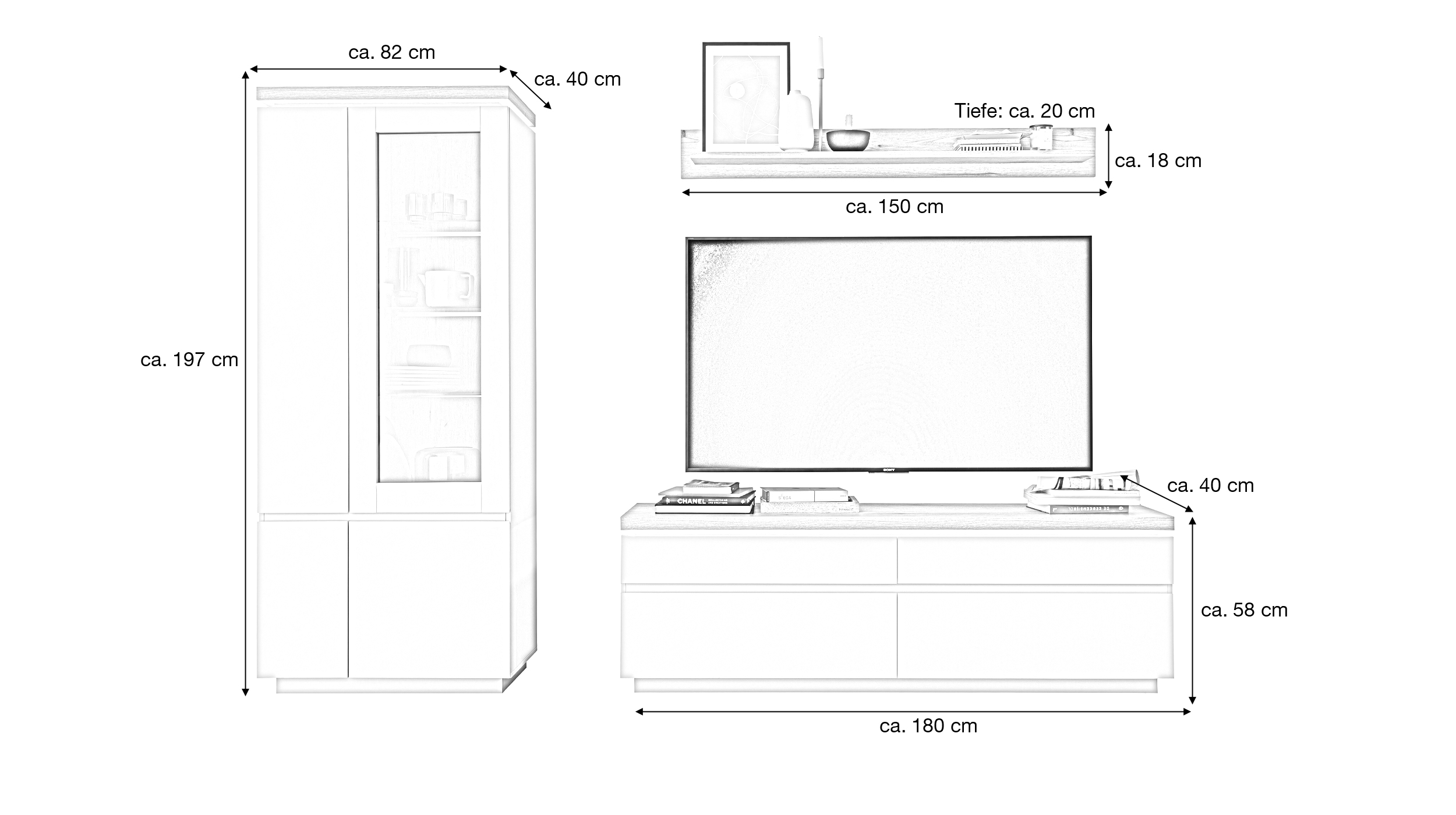 Wohnwand beige - Evoke Eiche 278 cm - LED-Beleuchtung - REMOLINO