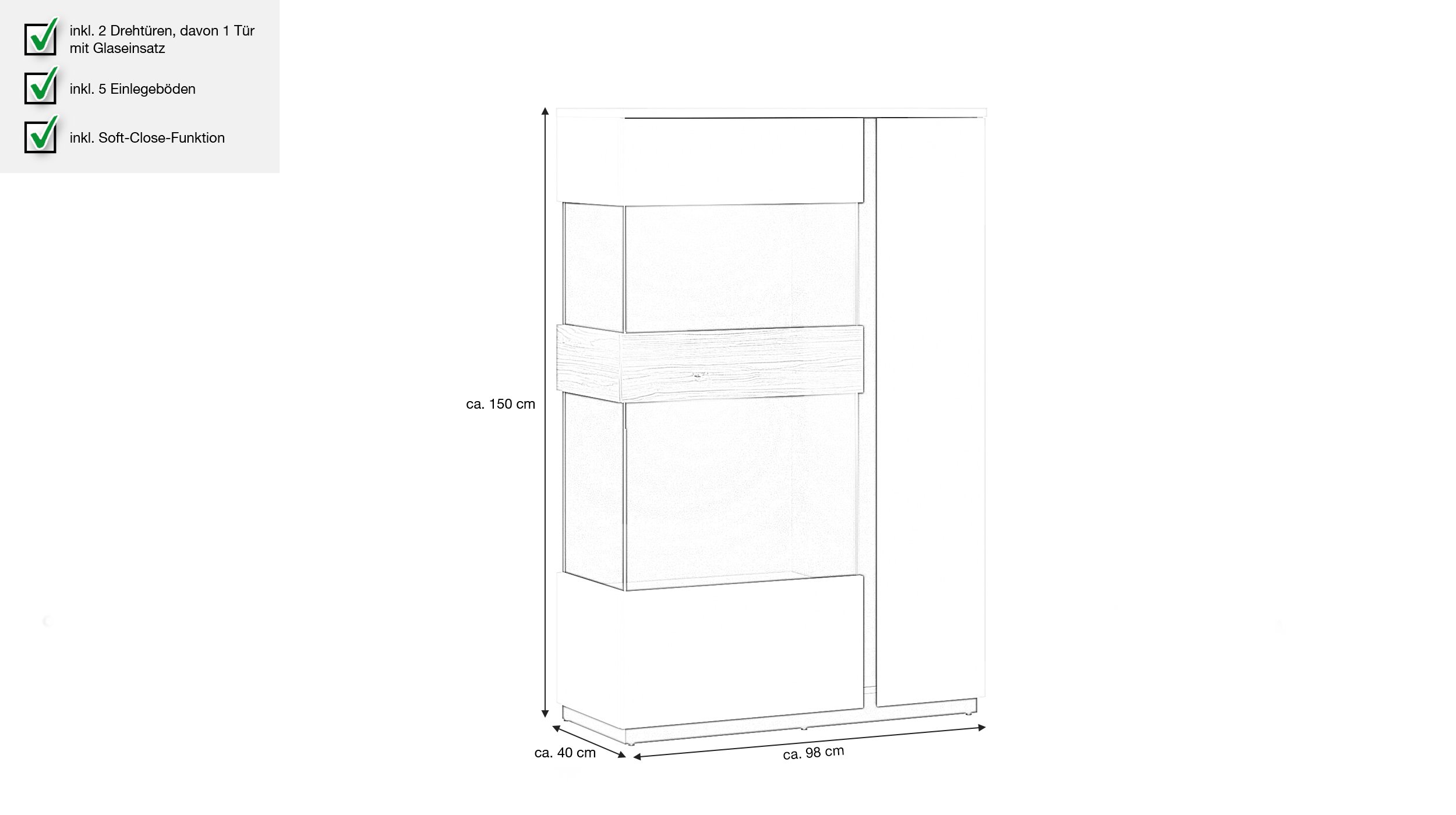 Vitrine mit Glastür alpinweiß - Catania Eiche Breite 98 cm - NOVENA
