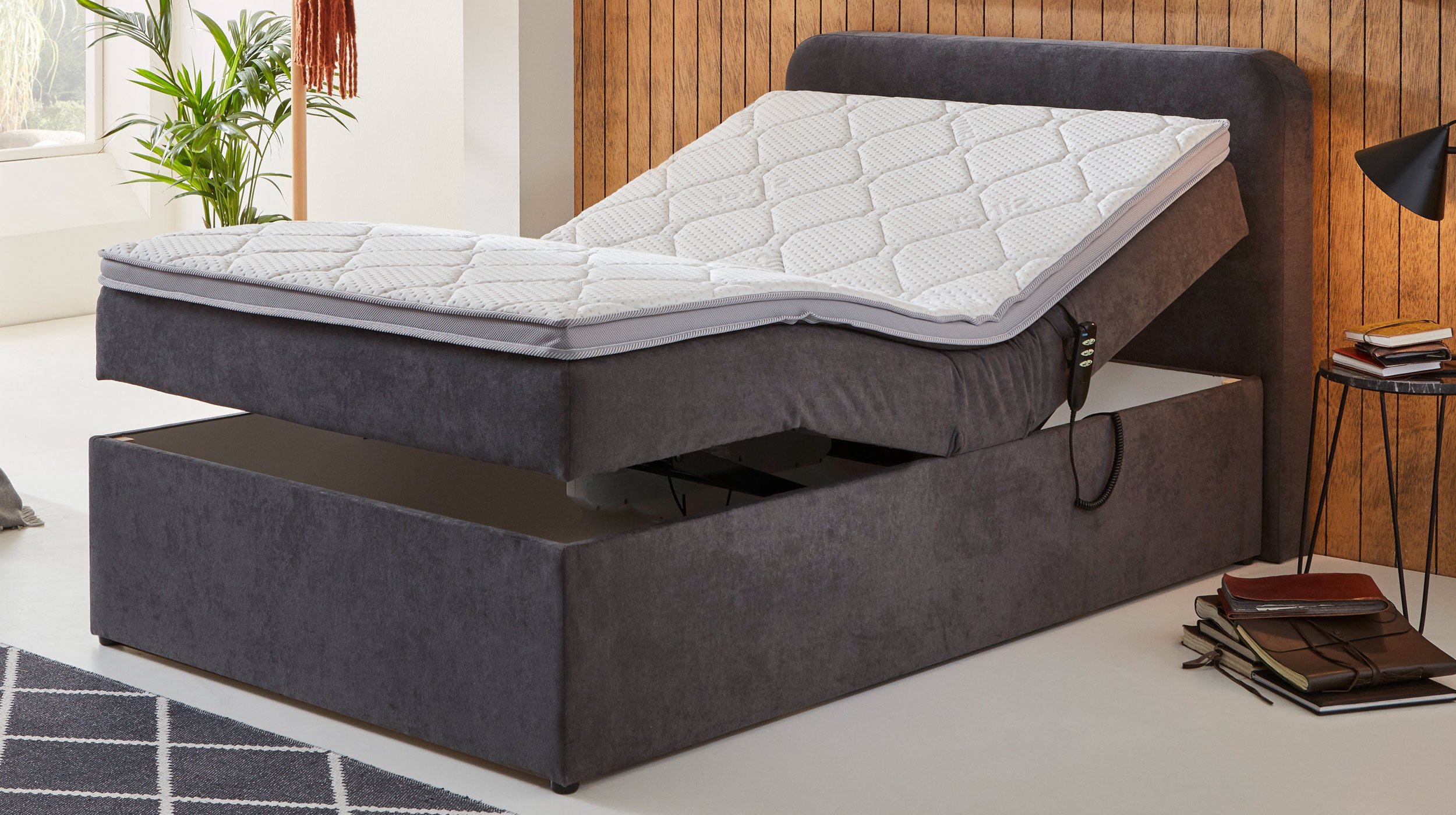Boxbett 120 x 200 cm grau Bettkasten - elektrisch  - GABRIOLA