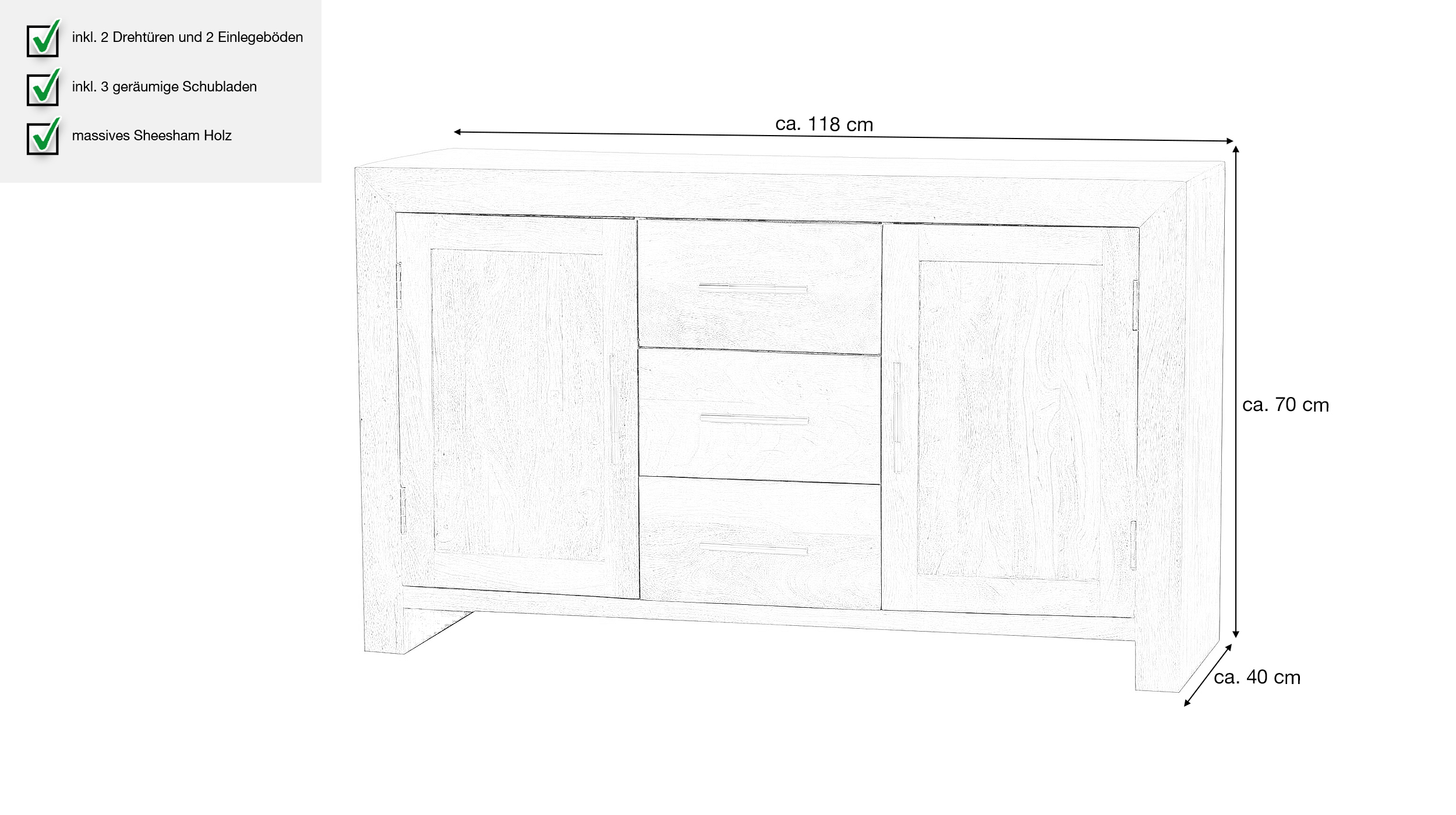 Sideboard mit 3 Schubladen Sheesham massiv 118 cm - SALLA