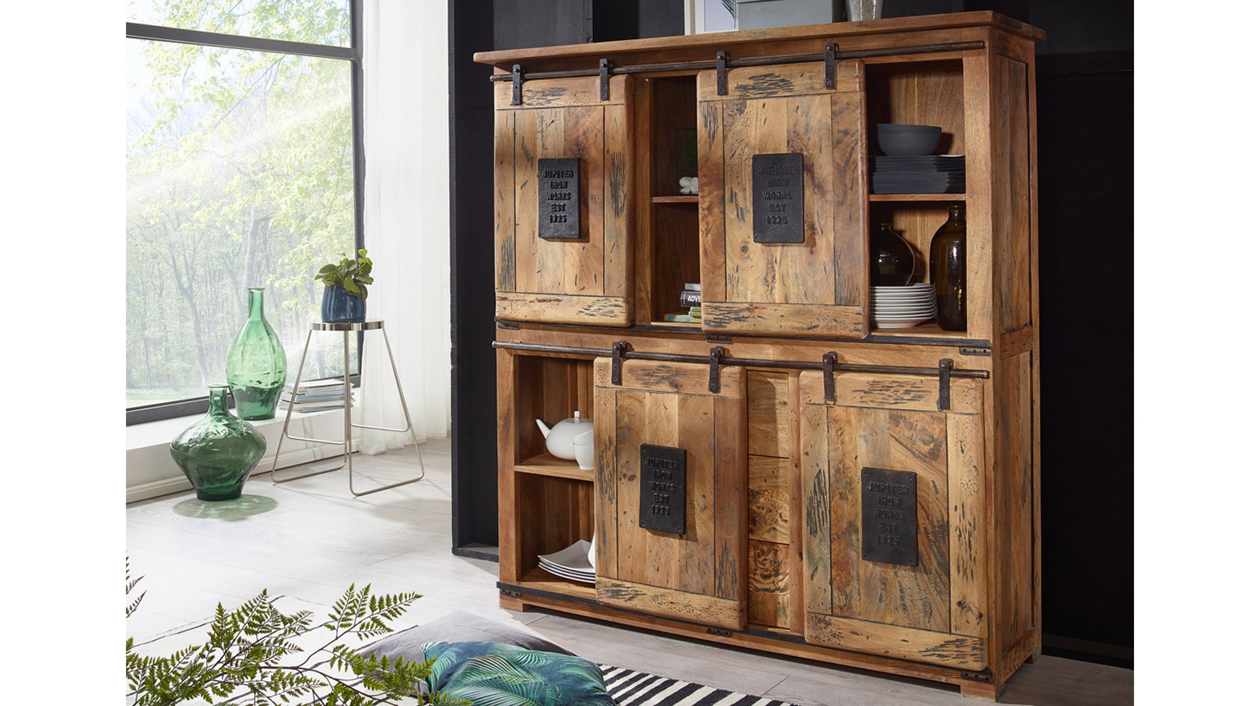 Highboard mit 4 Rolltüren Mango massiv 150 cm - EMANUEL