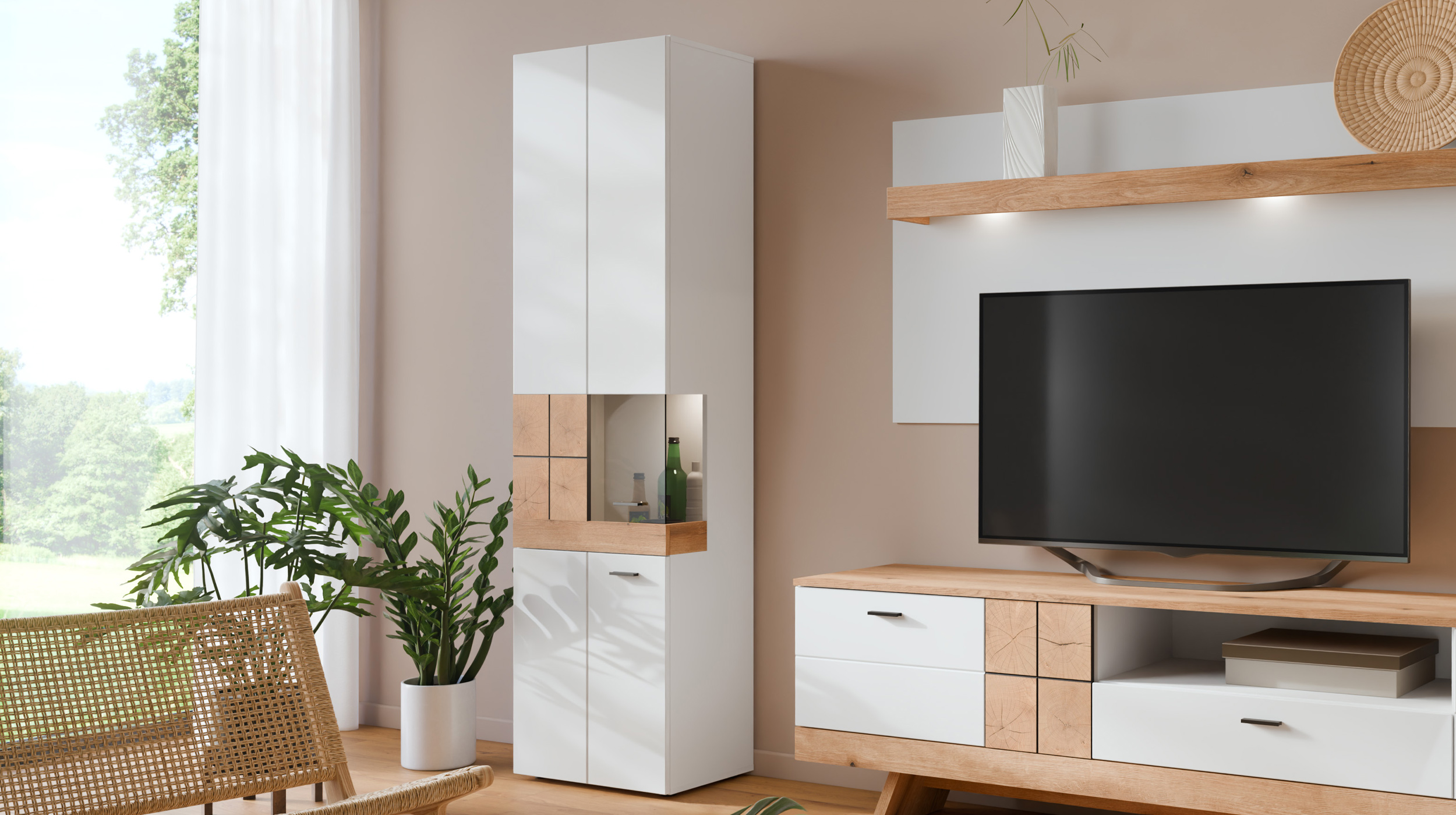 Vitrine mit Glastür weiß Hochglanz - Coast Evoke Eiche 55 cm - ORETA