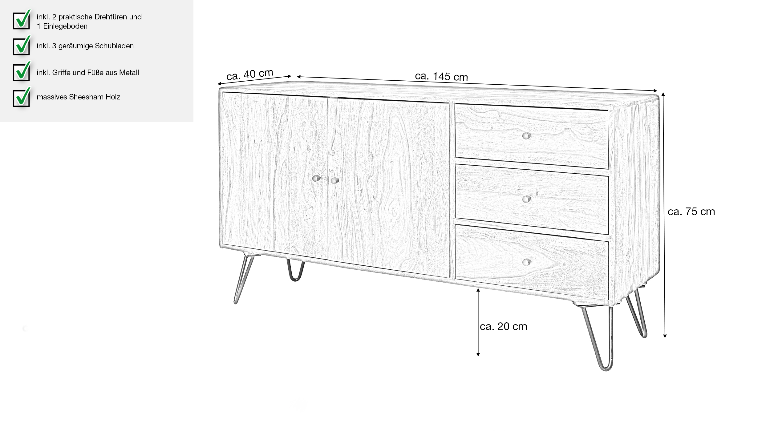 Sideboard 3 Schubladen Sheesham massiv 145 cm - BJARKA