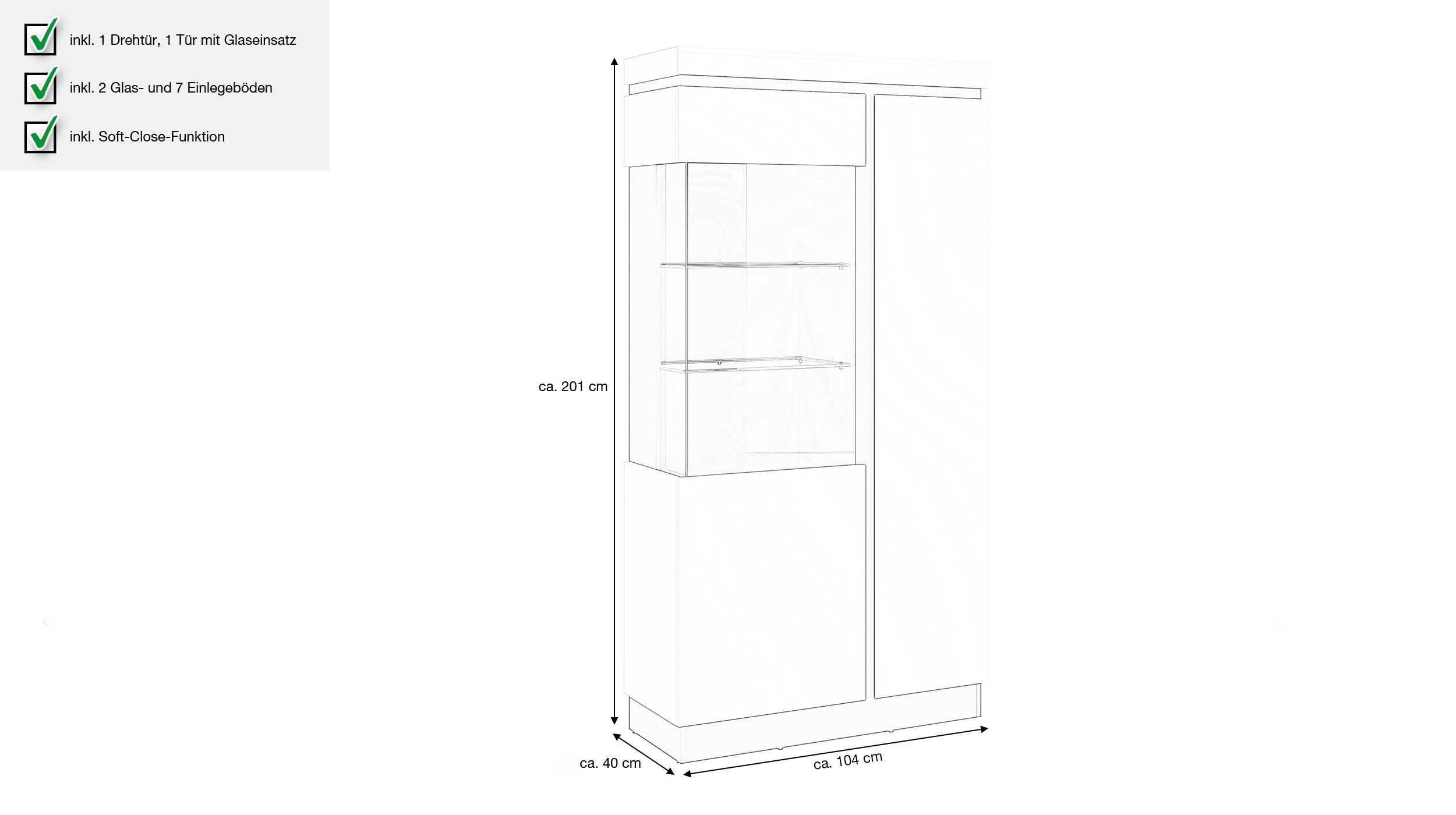 Vitrine mit Glastür alpinweiß B 104 x H 201 cm - CAMPANIA