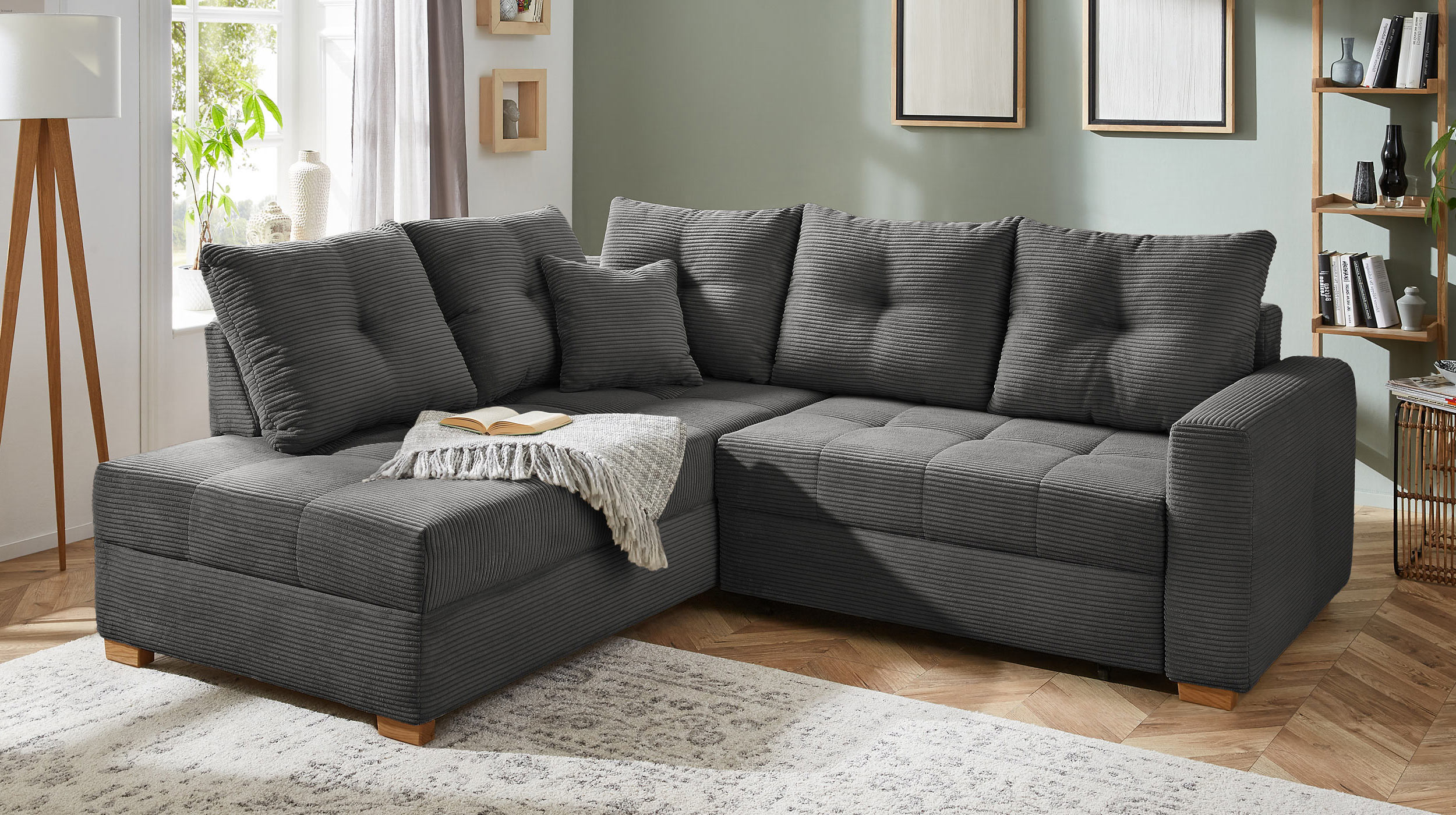 Ecksofa Cord grau 228 cm - Schlaffunktion Bettkasten - HEIDELBERG