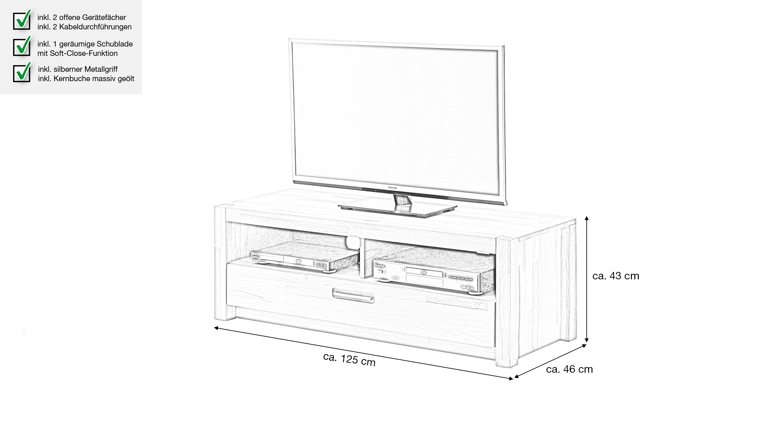 TV - Lowboard Kernbuche massiv geölt 125 cm - FENJA