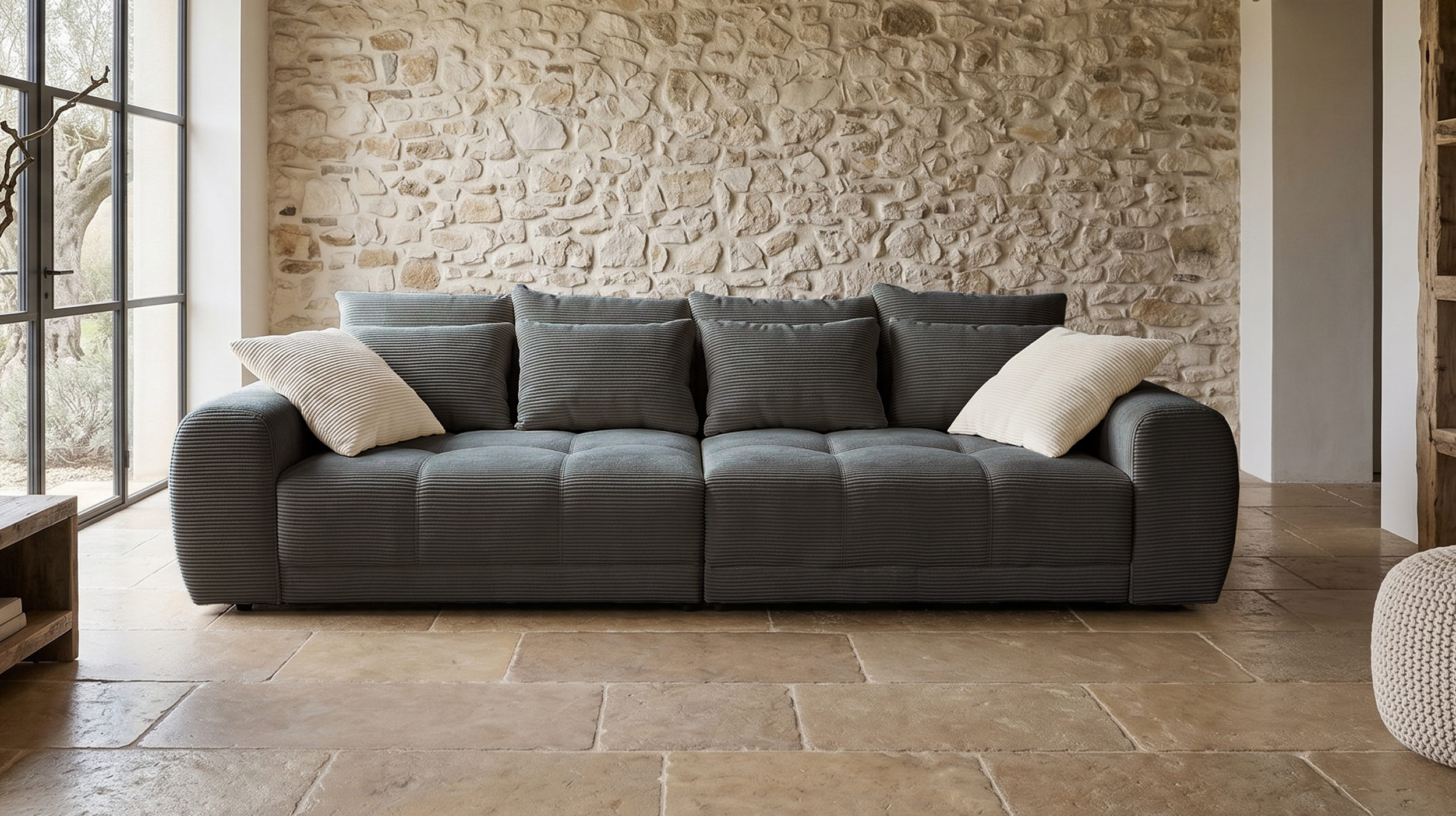 Big Sofa Cord grau - 308 cm - Federkern - JANNI