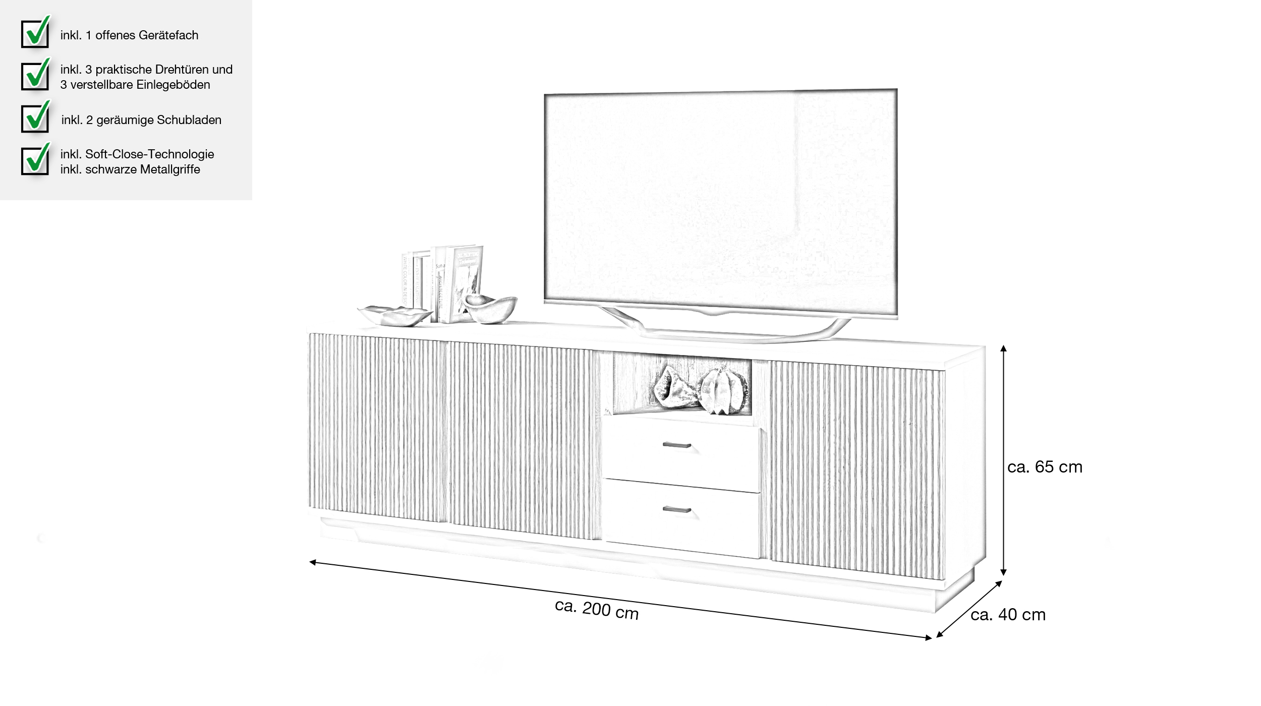 TV - Lowboard beige - Eiche - 200 cm TV-Board - MOSANO