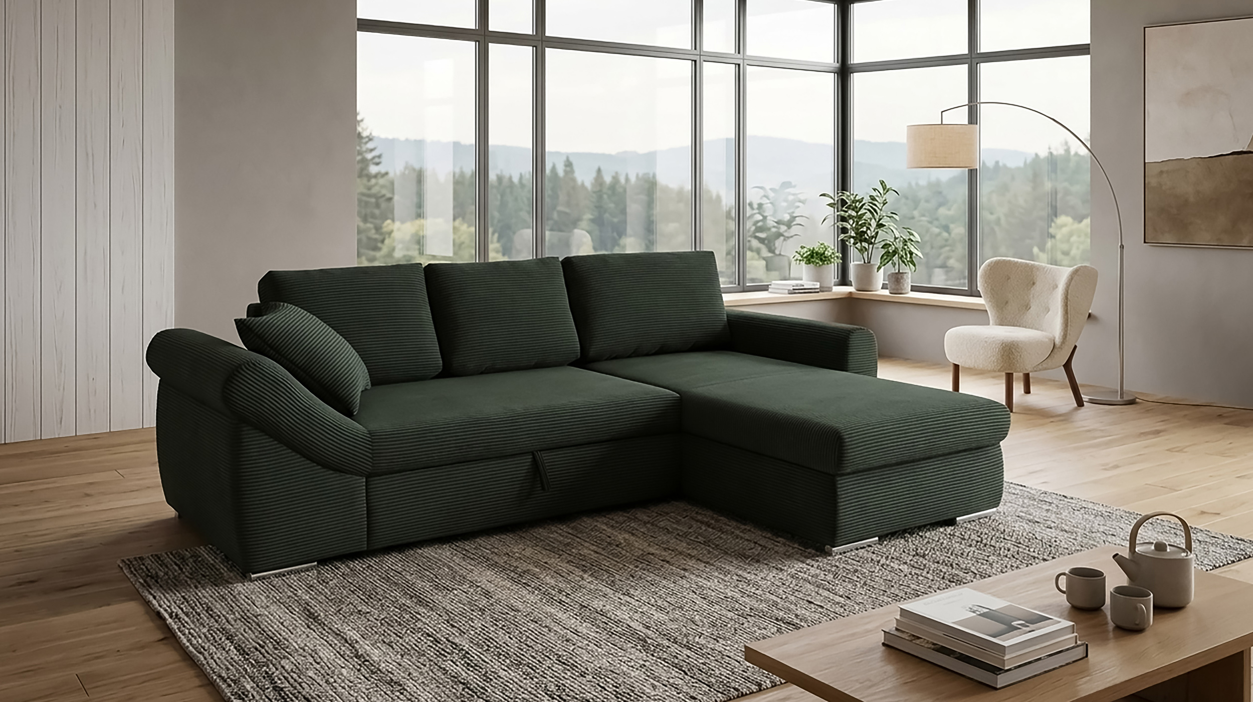 Ecksofa Schlaffunktion Bettkasten grün Cord 261 cm - RAMONA