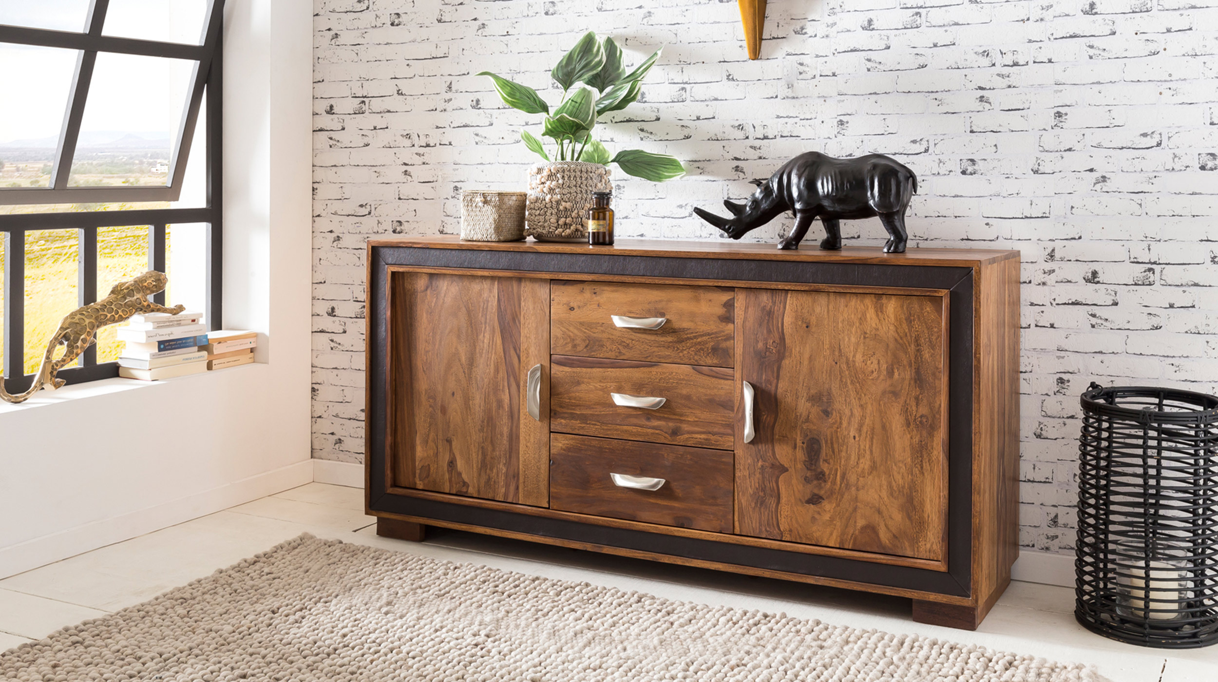 Sideboard 3 Schubladen Sheesham massiv gebeizt 160 cm - NORDLY
