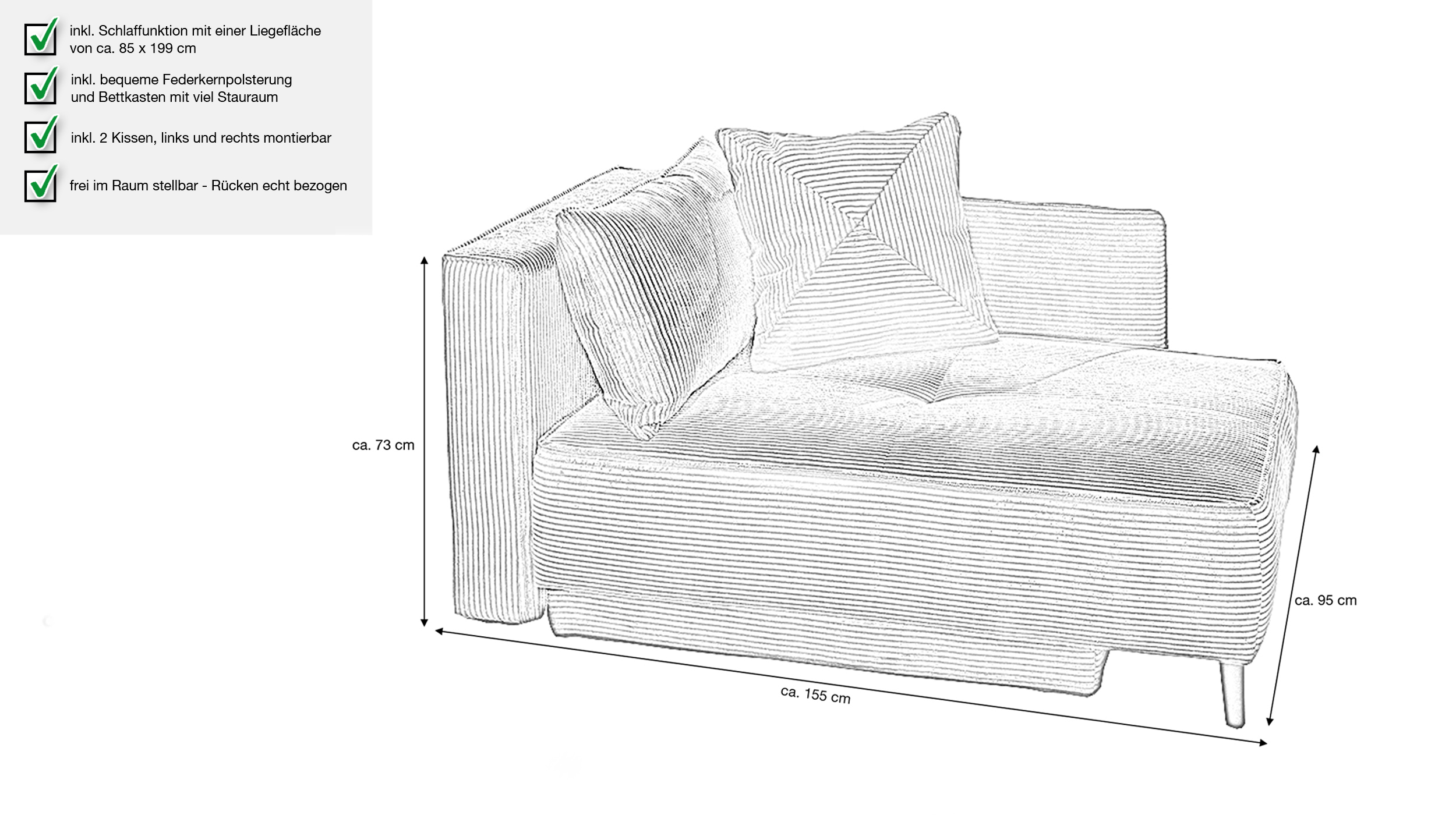 Einzelsofa Cord 155 cm Recamiere mit Schlaffunktion grau - REX