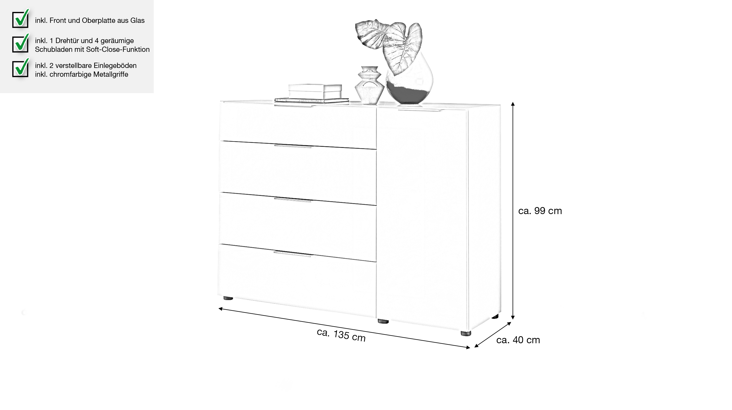 Kommode 4 Schubladen - weiß - Glasfront - 135 cm - SANTORIN