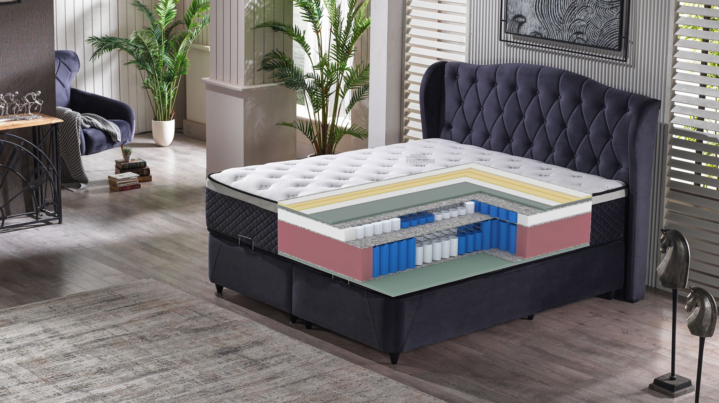Boxbett 180 x 200 cm grau mit Bettkasten und Topper - INDIGO