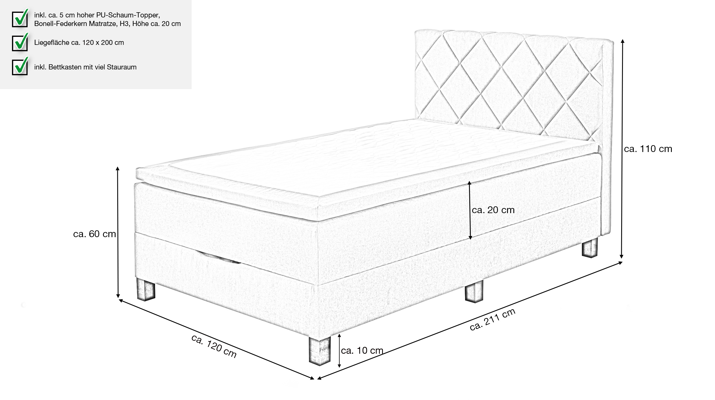 Boxbett 120 x 200 cm grau mit Bettkasten - JEFF