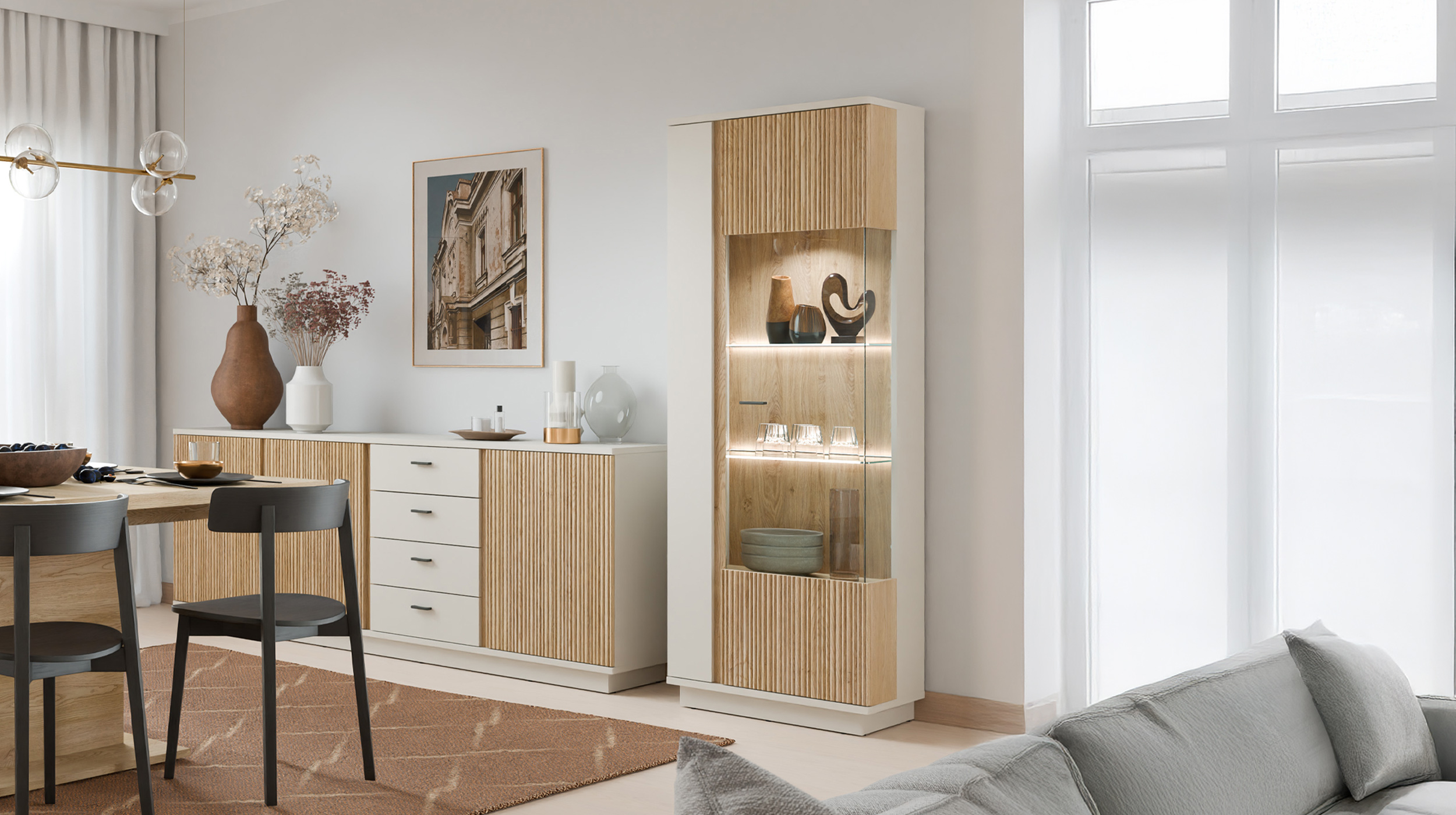 Vitrine mit Glastür beige - Eiche - Breite 62 cm - MOSANO