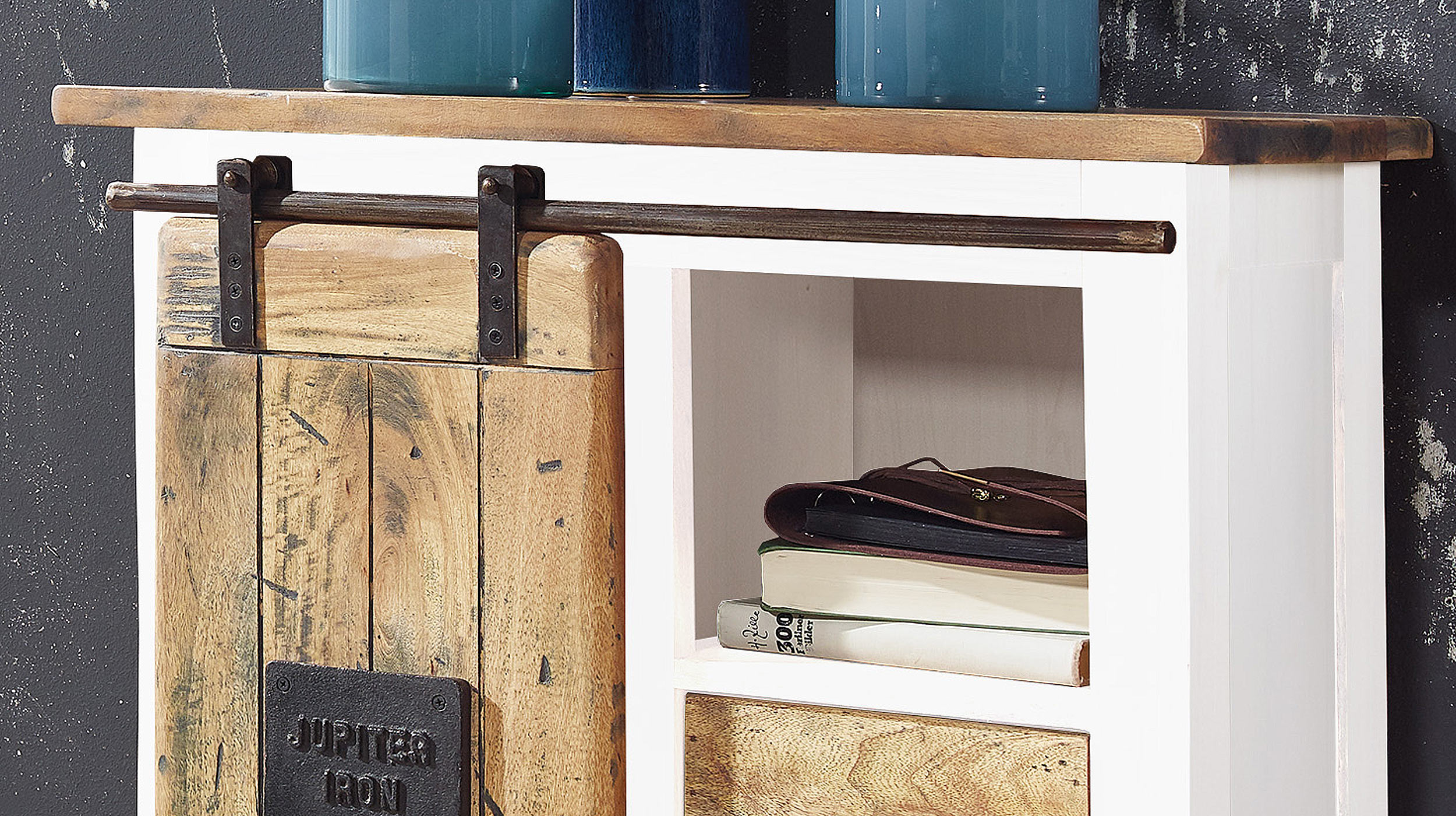 Sideboard mit 1 Rolltür Mango massiv weiß 75 cm - EMANUEL