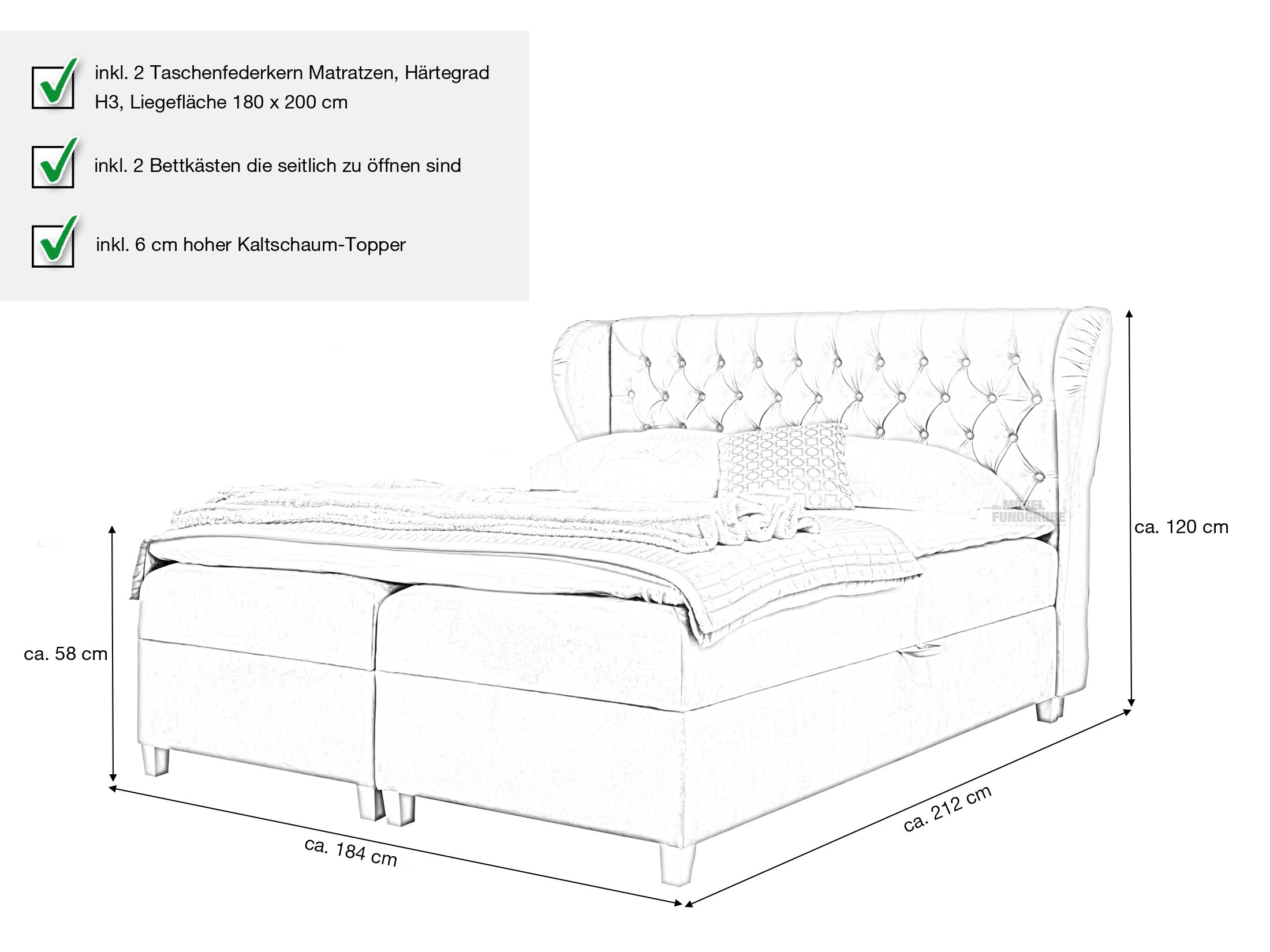 Boxbett 180 x 200 cm grau Bettkasten - JOKER