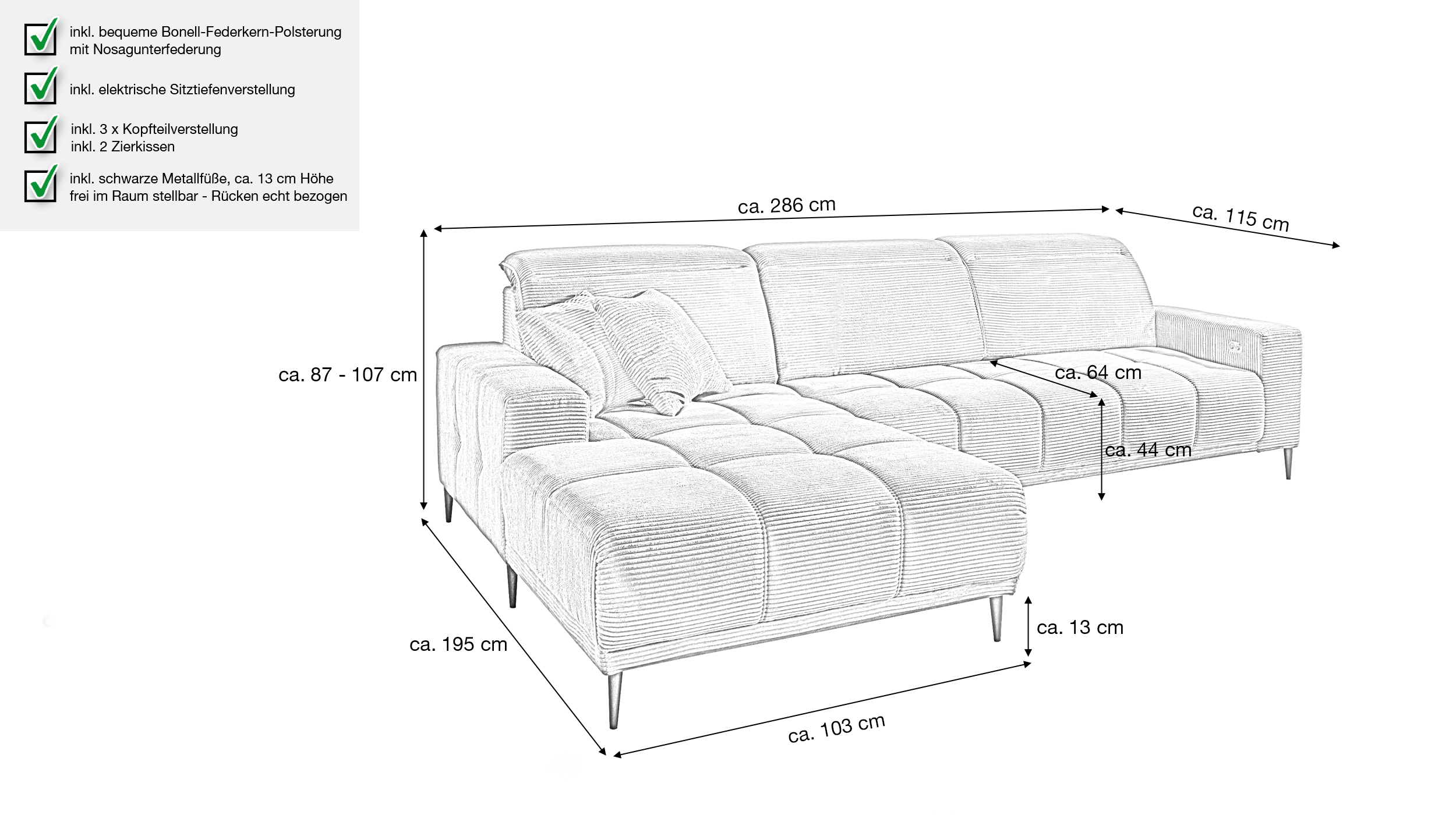Ecksofa Cord grau ausziehbar - Sitztiefenverstellung 286 cm - OT links - MARISOL