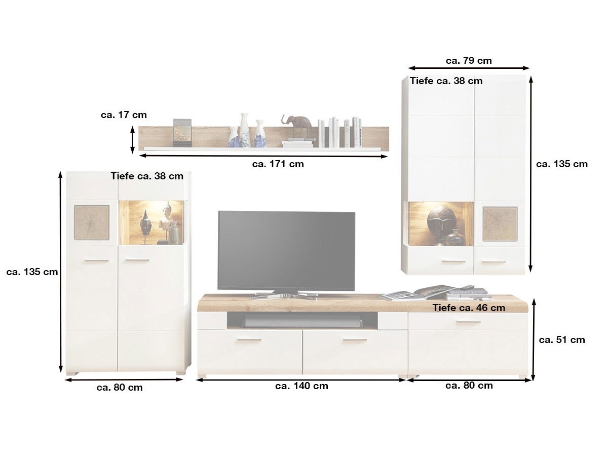 Wohnwand weiß - Eiche - 320 cm - LED-Beleuchtung - FUN PLUS