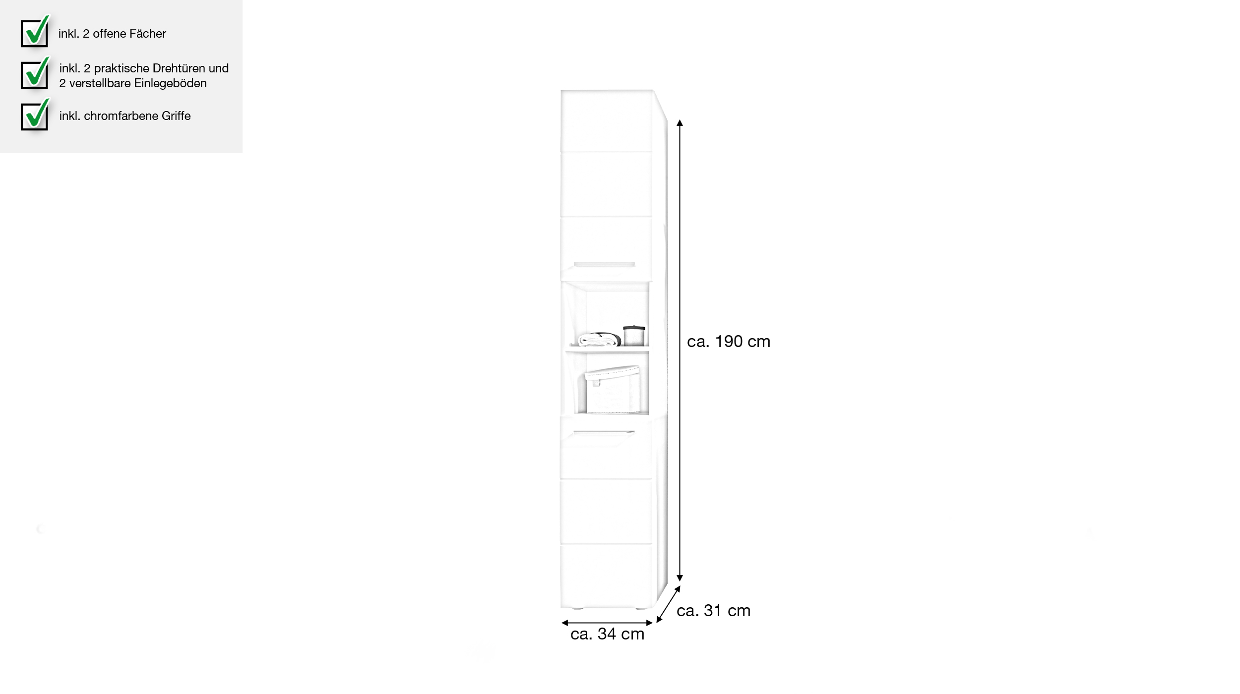 Bad Hochschrank weiß hochglanz 2 Türen Breite 34 cm - MANDY
