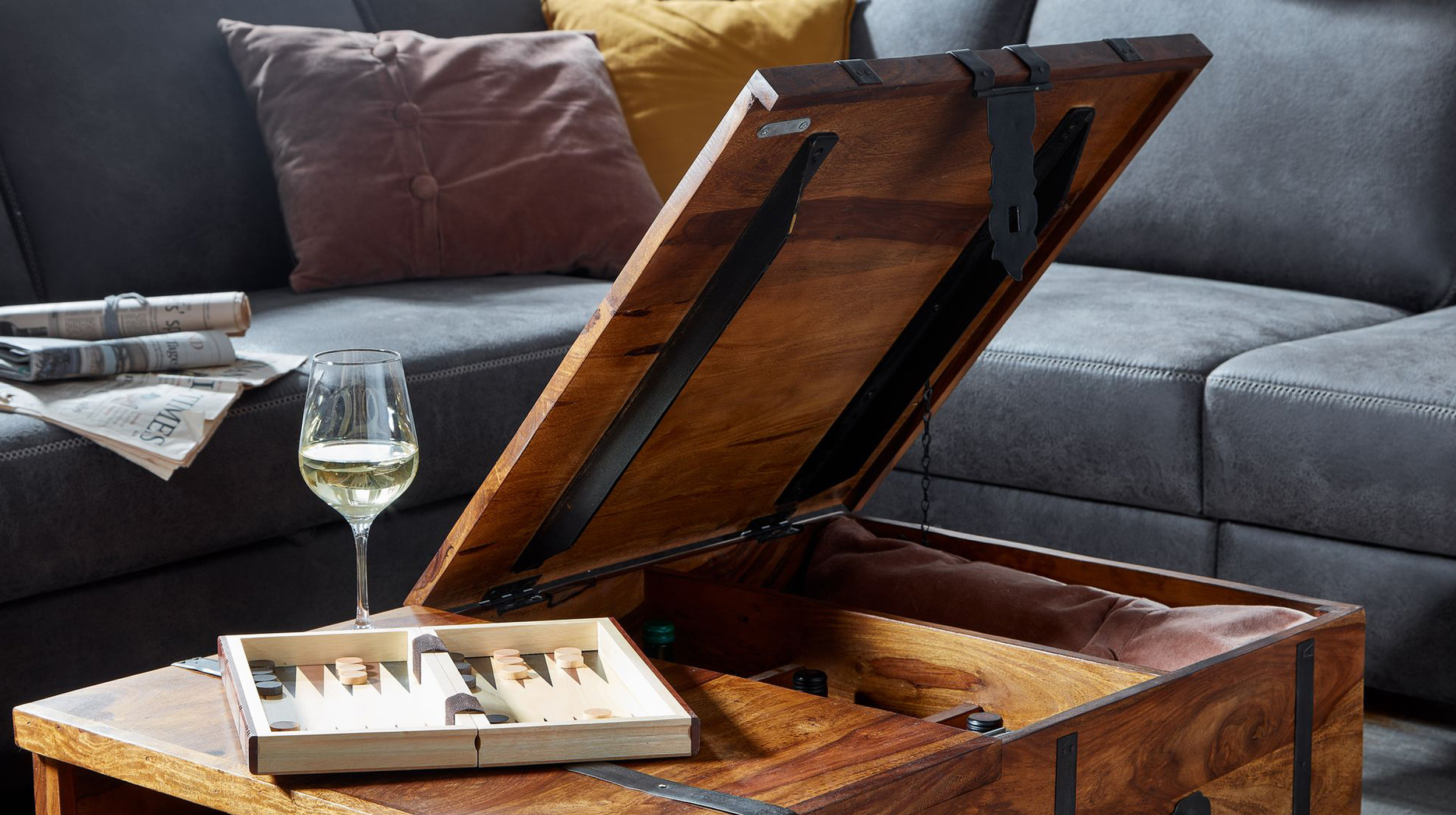 Couchtisch Sheesham massiv gebeizt 100 x 60 cm - Truhentisch - STIG