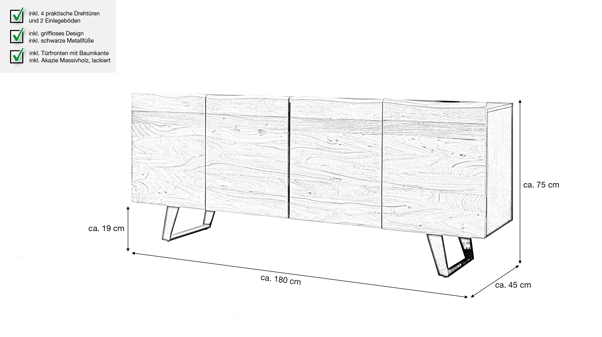 Sideboard Akazie massiv lackiert 180 cm - mit Baumkante - HALVOR