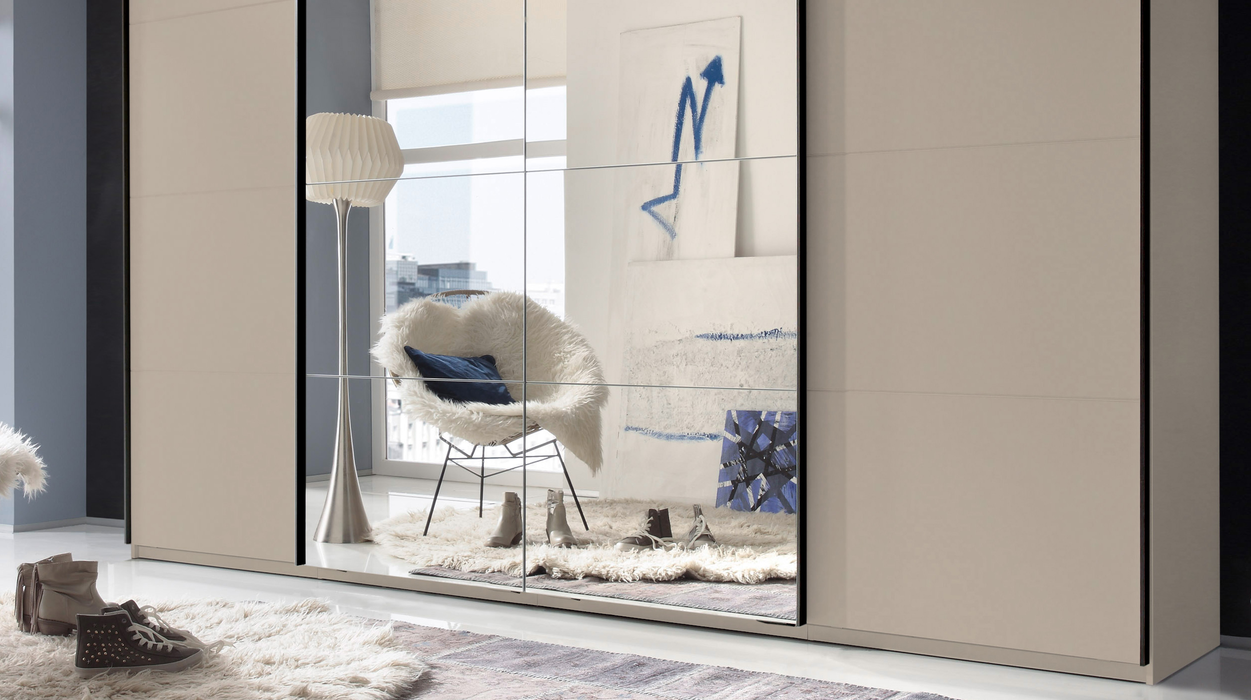 Schwebetürenschrank mit Spiegel - Beige-Kaschmir - 315 cm - SYNCHRO