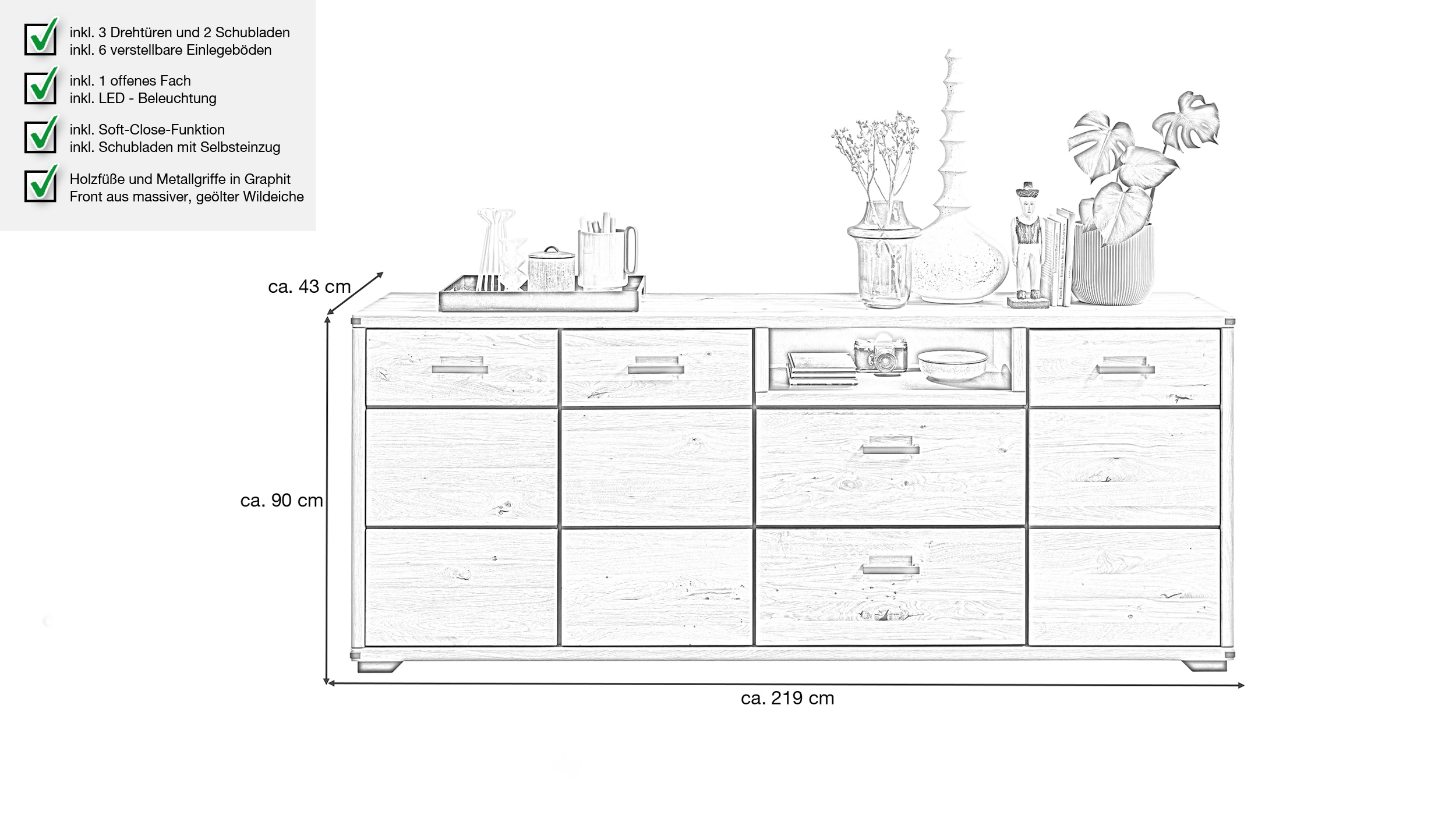 Sideboard mit Beleuchtung - Wildeiche massiv - 219 cm - CATANIA