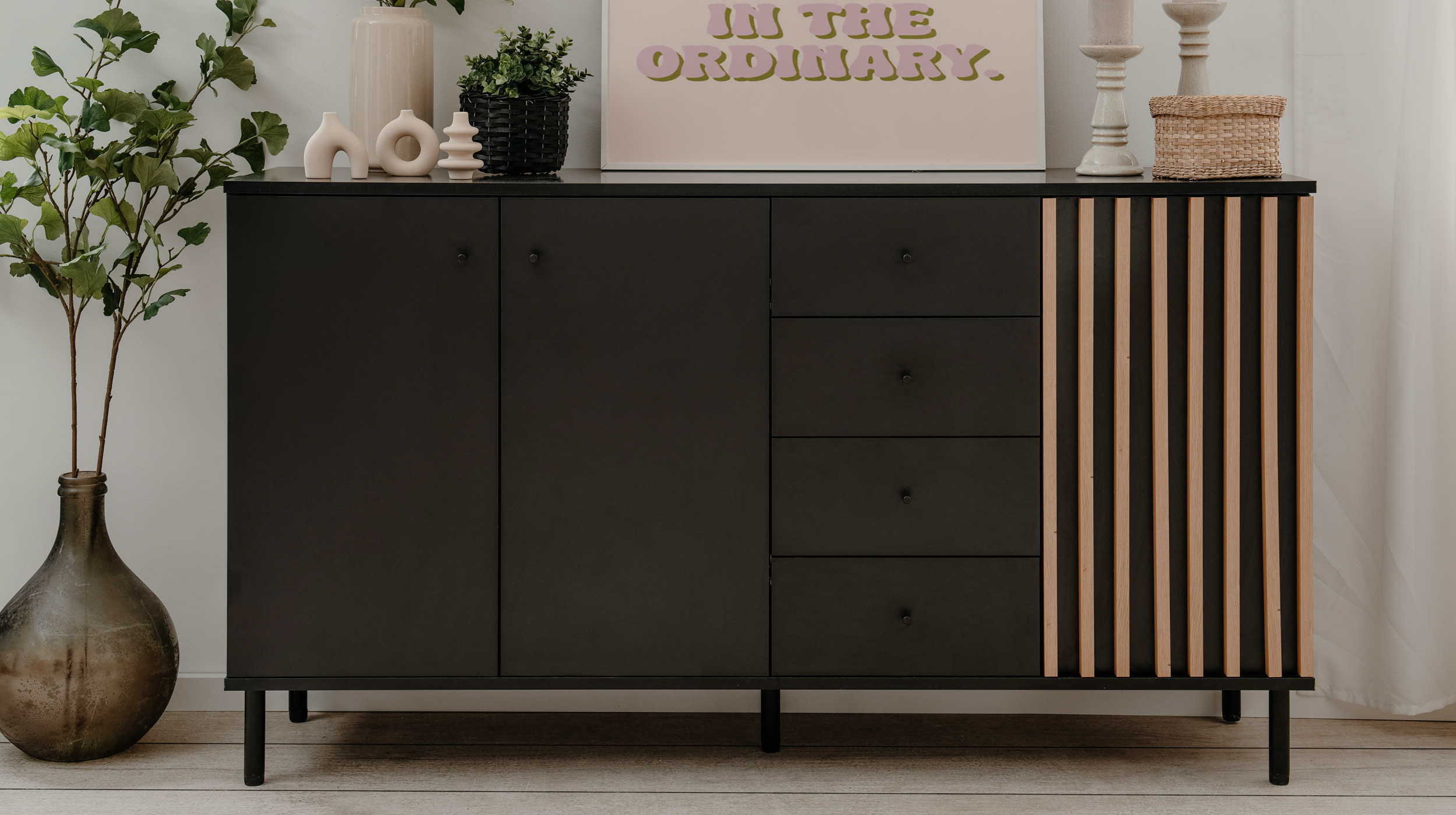 Sideboard schwarz Artisan Eiche - 4 Schubladen 160 cm - MONZA