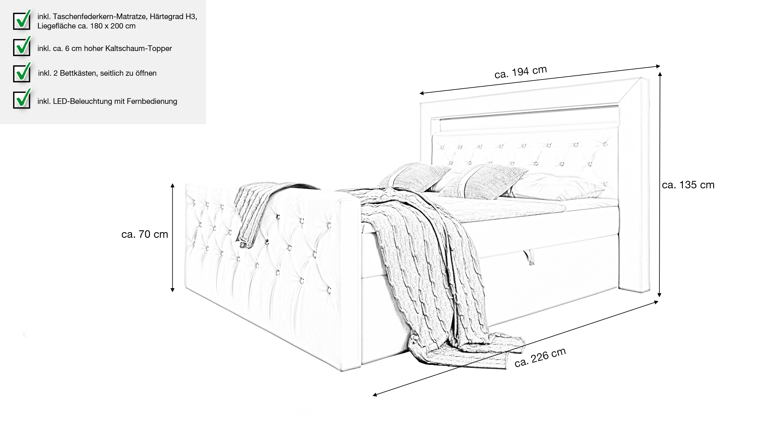 Boxbett 180 x 200 cm mit Bettkasten grau - SINGAPUR LUX