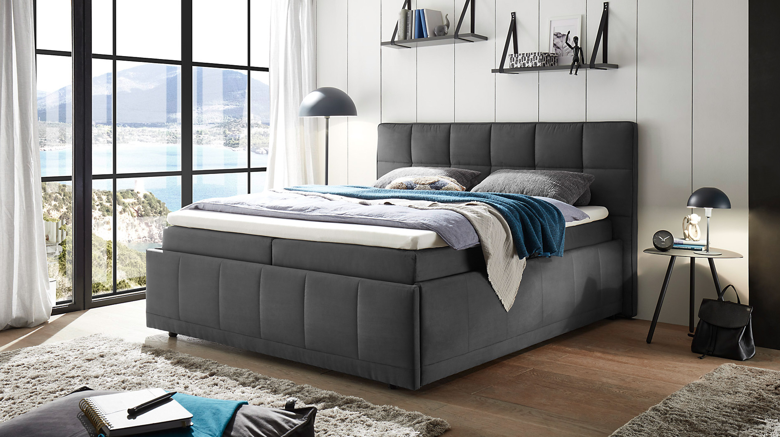 Boxbett 180 cm - mit Bettkasten - anthrazit - FULHAM