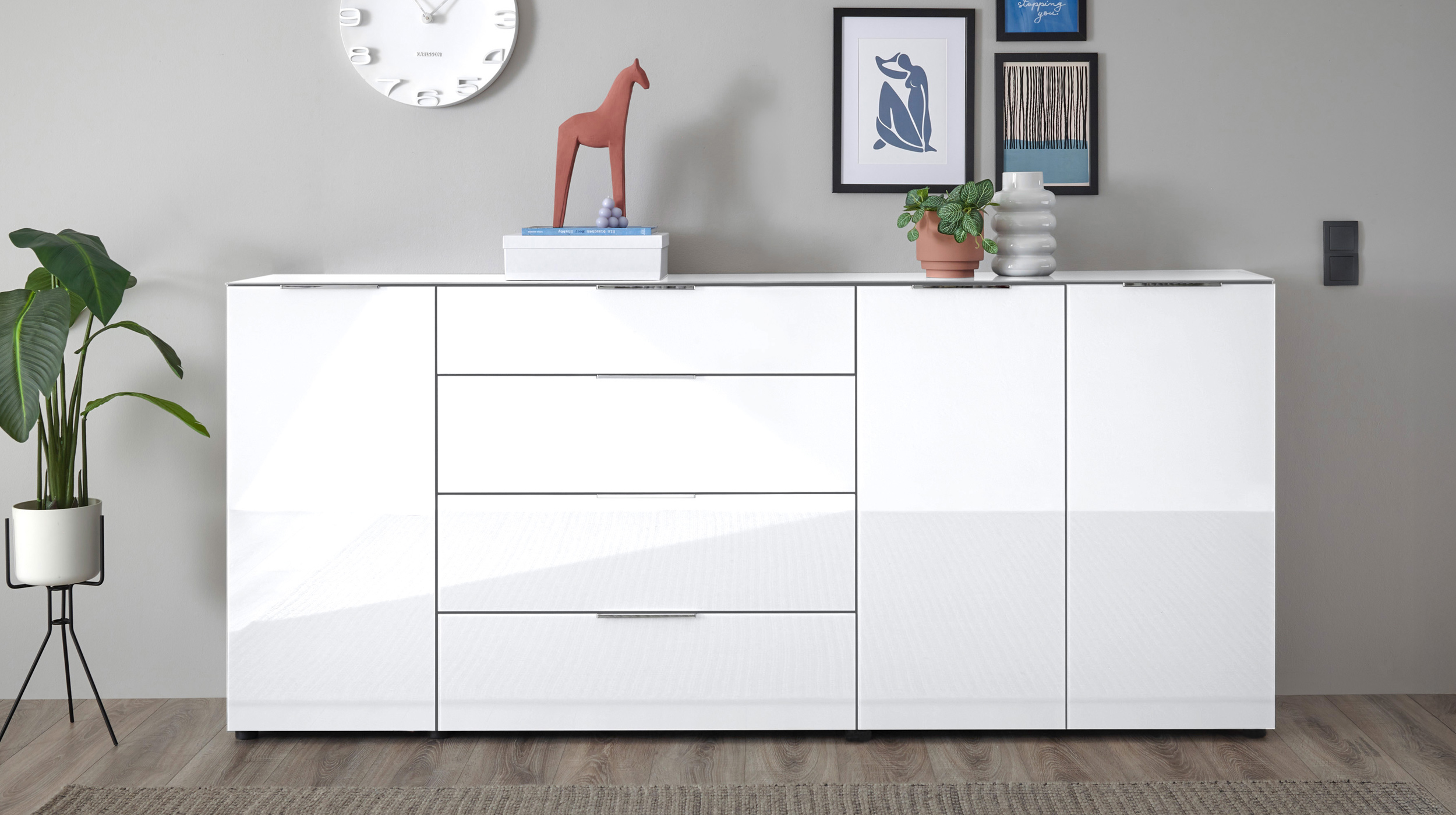 Sideboard 4 Schubladen - weiß - Glasfront - 226 cm - SANTORIN