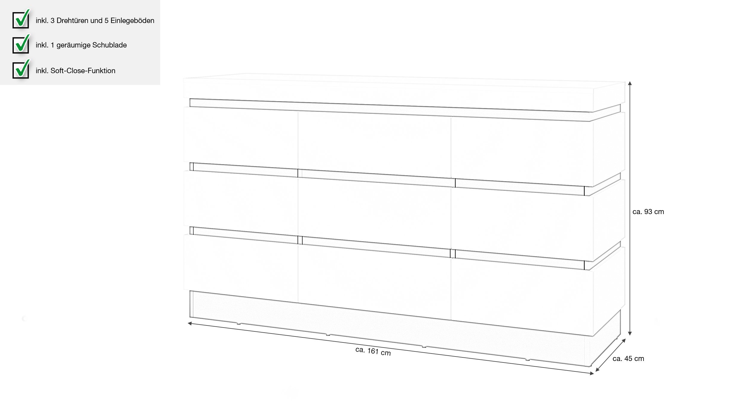 Sideboard alpinweiß - anthrazit 161 cm - CAMPANIA