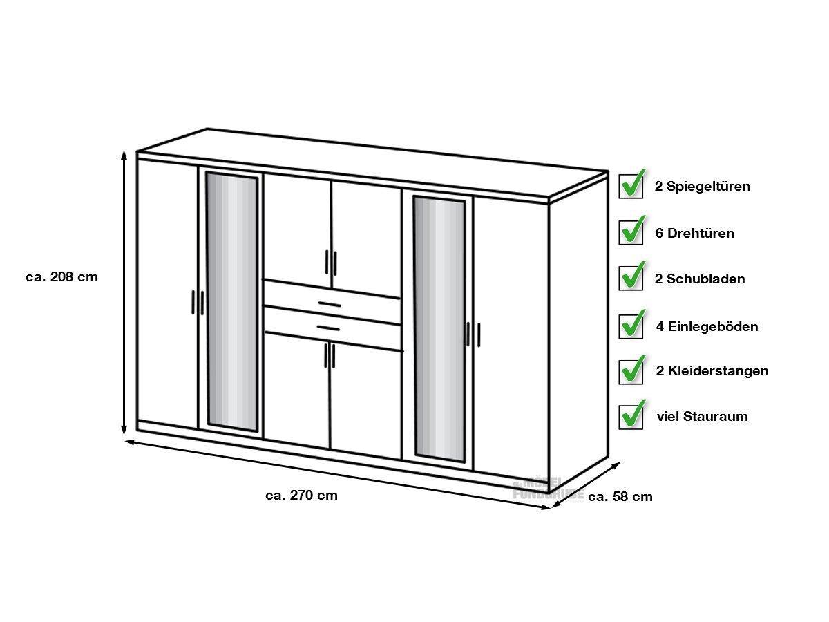 Kleiderschrank mit Spiegel - weiß - Plankeneiche - 270 cm - DIVER