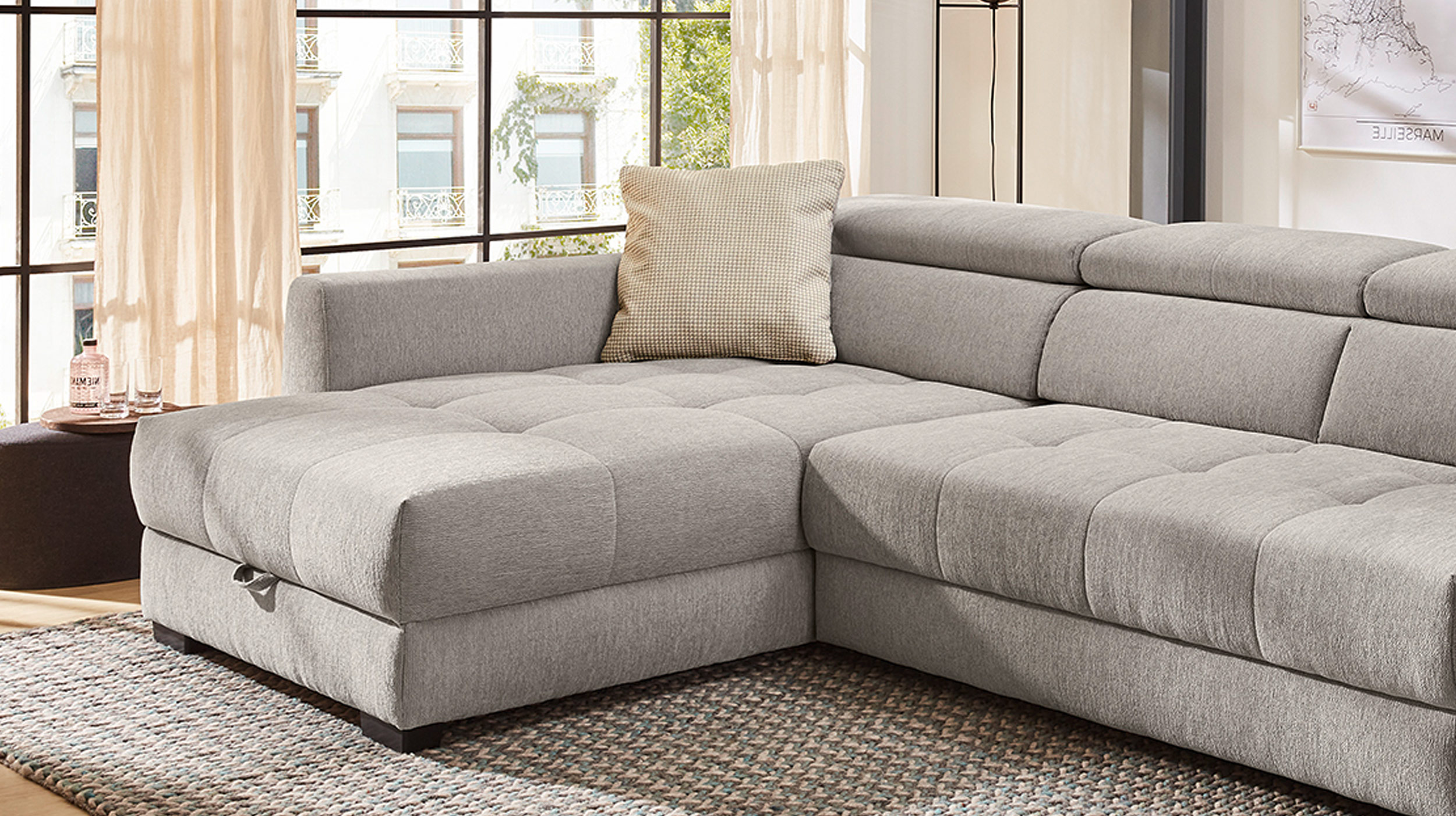 Ecksofa mit Bettkasten elektrisch ausfahrbar grau 300 cm - FIORINA