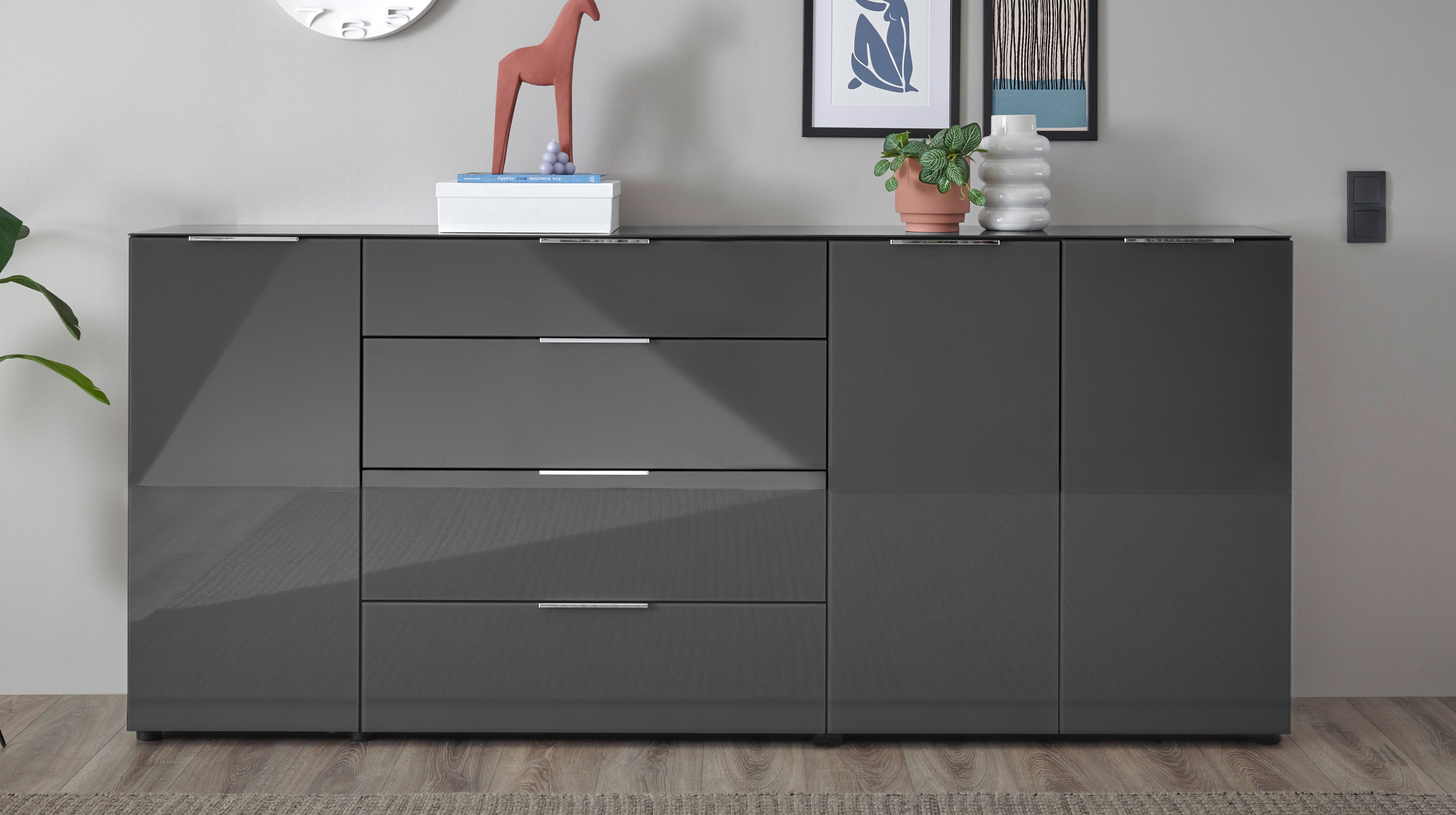 Sideboard 4 Schubladen - anthrazit - Glasfront - 226 cm - SANTORIN