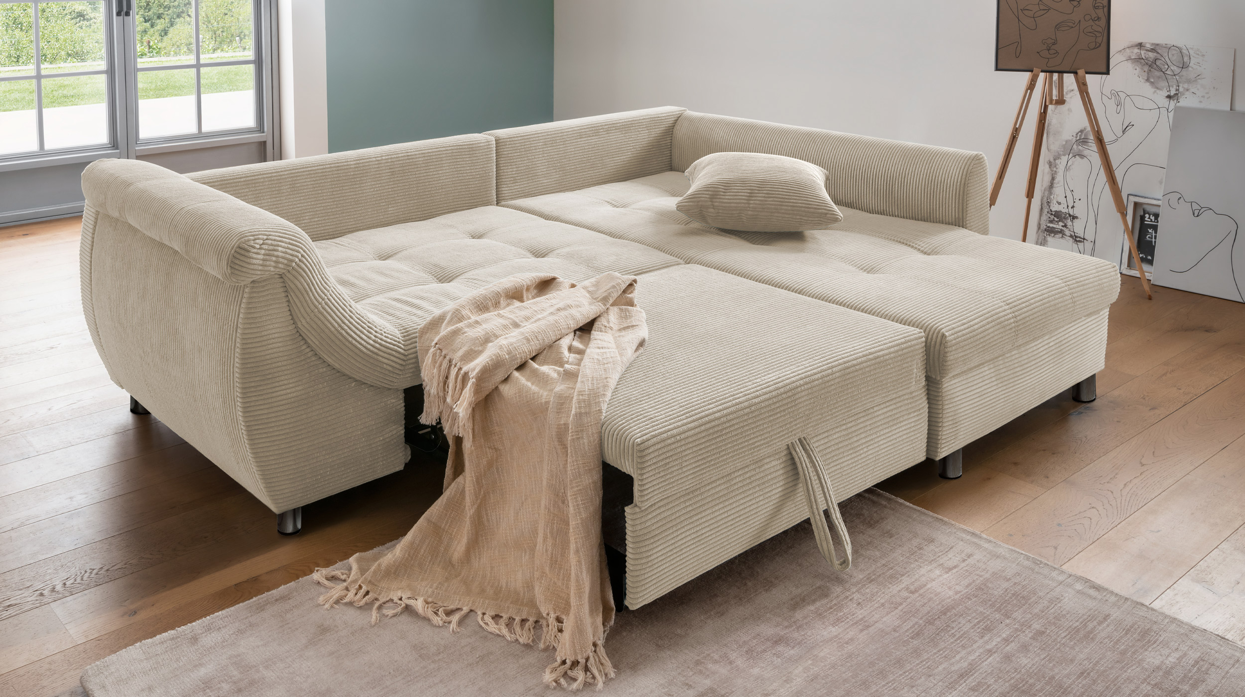 Ecksofa Cord beige Schlaffunktion OT rechts - LUNARO