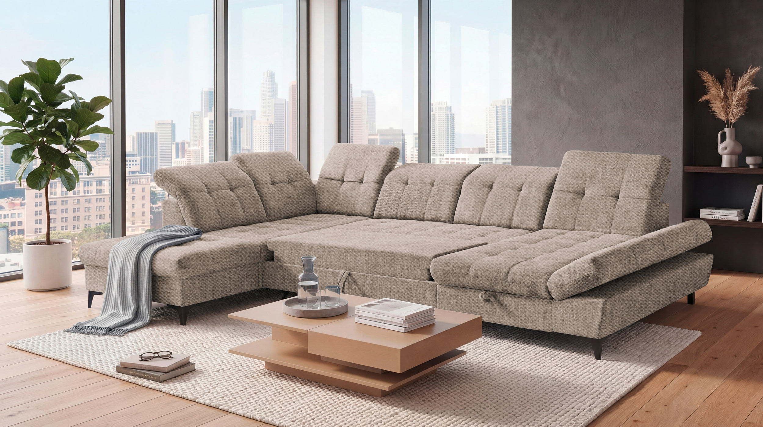 Wohnlandschaft Schlaffunktion Bettkasten Beige-Kaschmir - MERCY