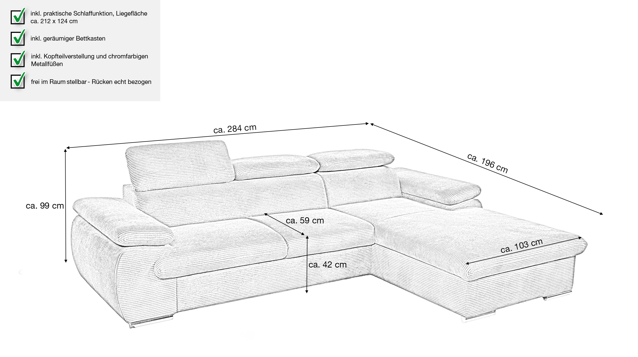 Ecksofa Cord anthrazit Schlaffunktion Bettkasten 284 x 196 cm - CINDY