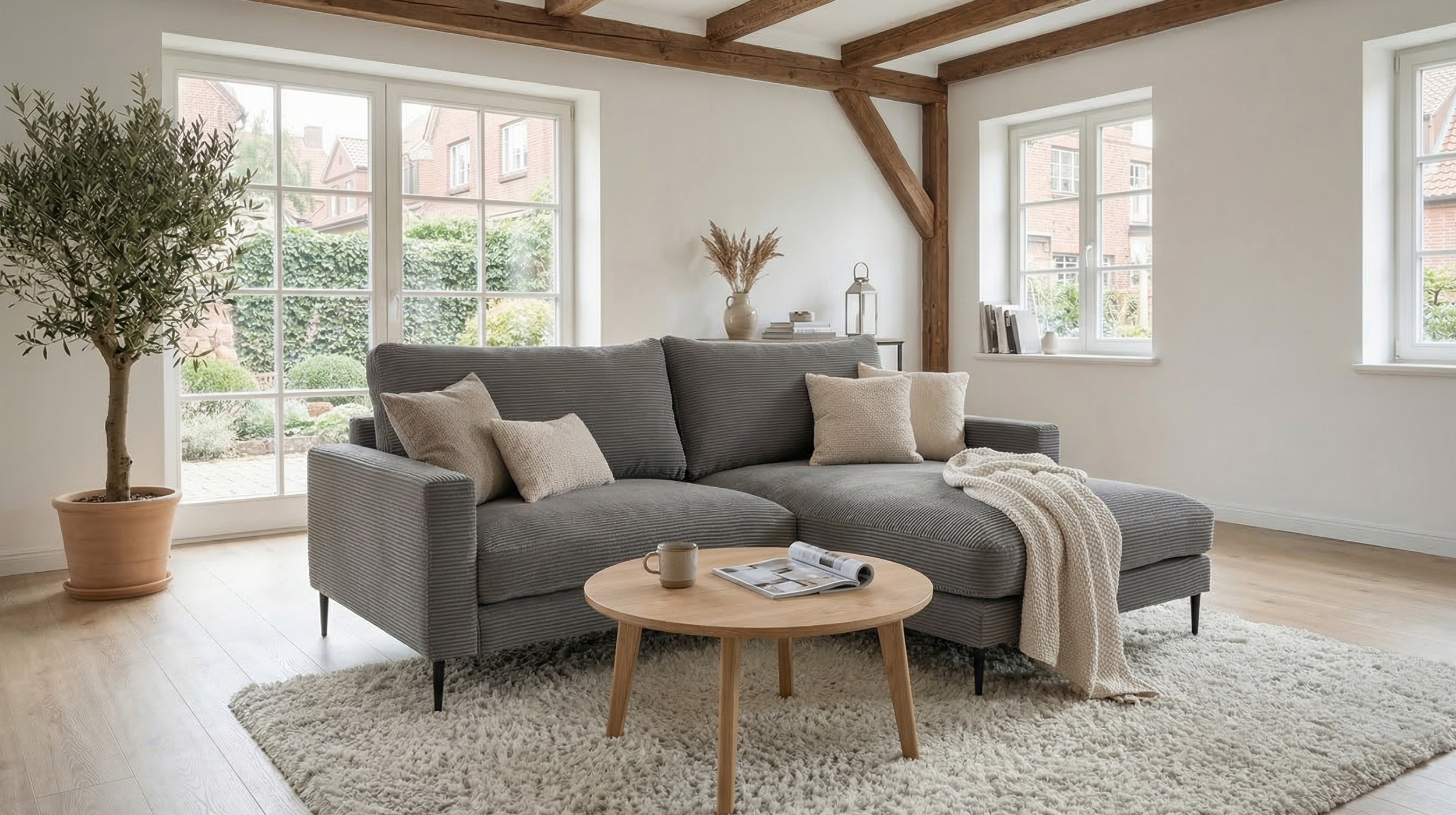 Ecksofa Cord grau 220 x 164 cm - OT rechts - NORDVIK