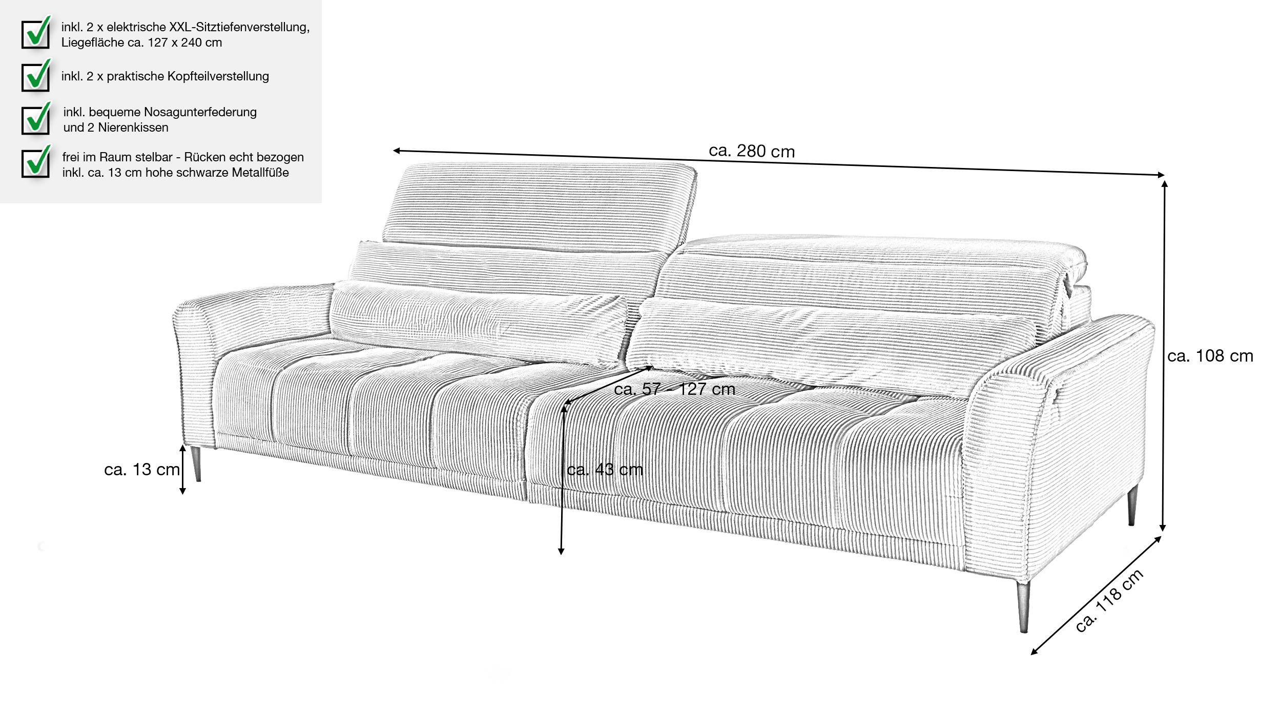 Big Sofa Cord grau ausziehbar - Sitztiefenverstellung - 280 cm - LOGAN