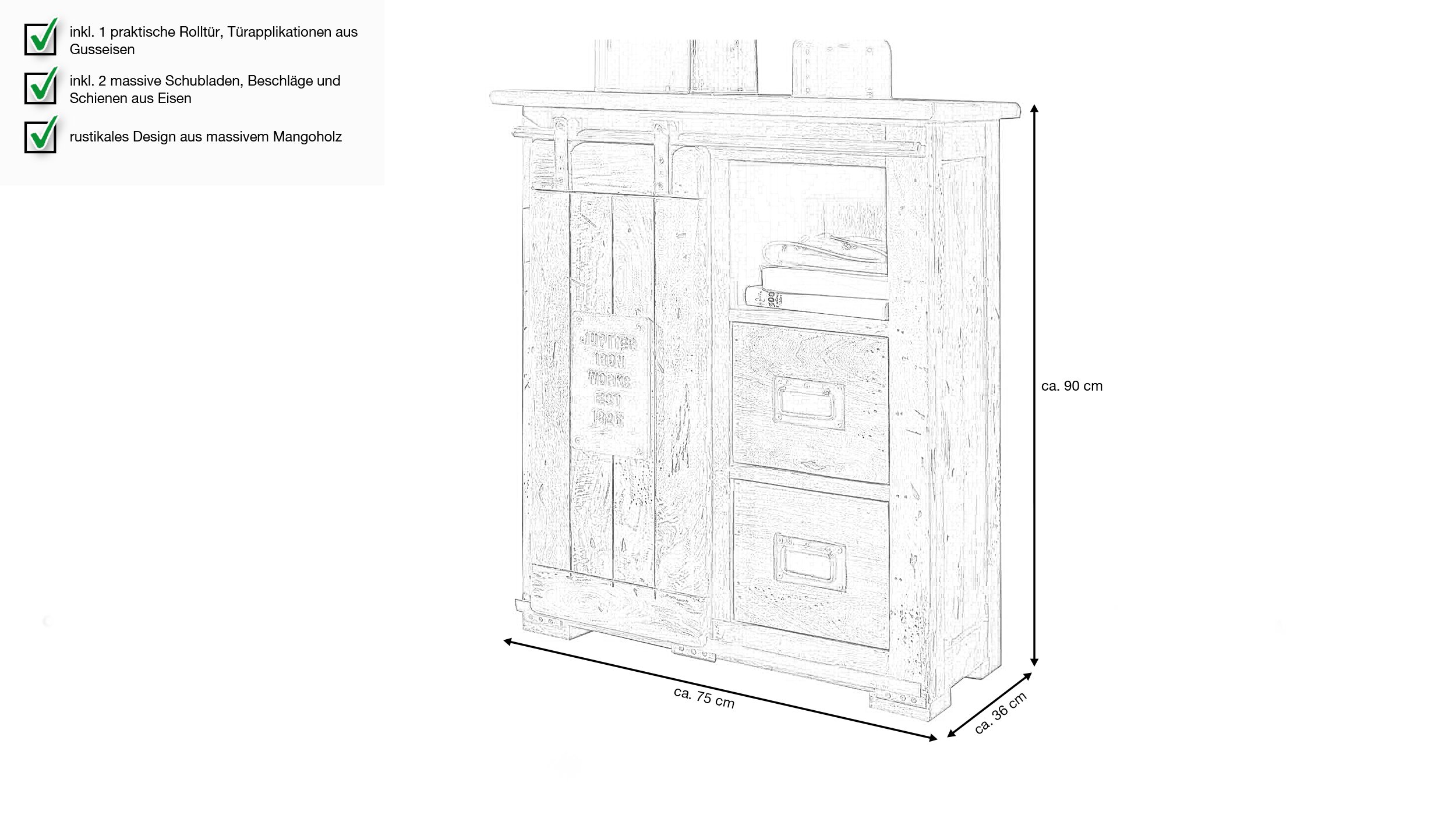 Sideboard mit 1 Rolltür Mango massiv 75 cm - EMANUEL