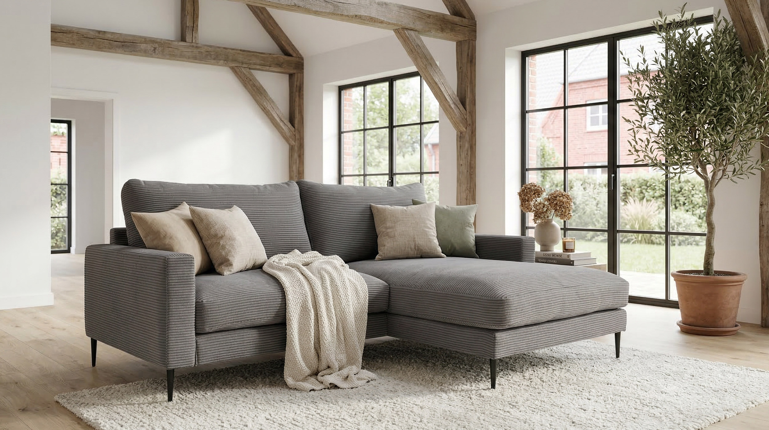 Ecksofa Cord grau 220 x 164 cm - OT rechts - NORDVIK