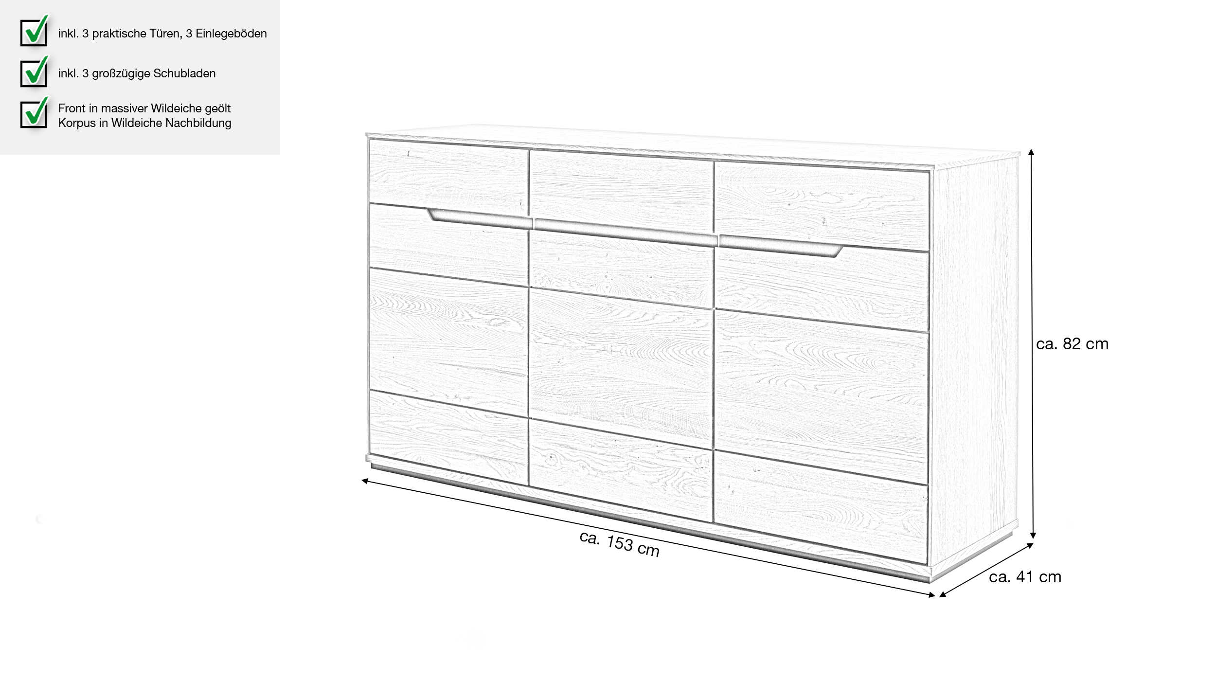 Sideboard Wildeiche geölt teilmassiv 153 cm - ARAYA