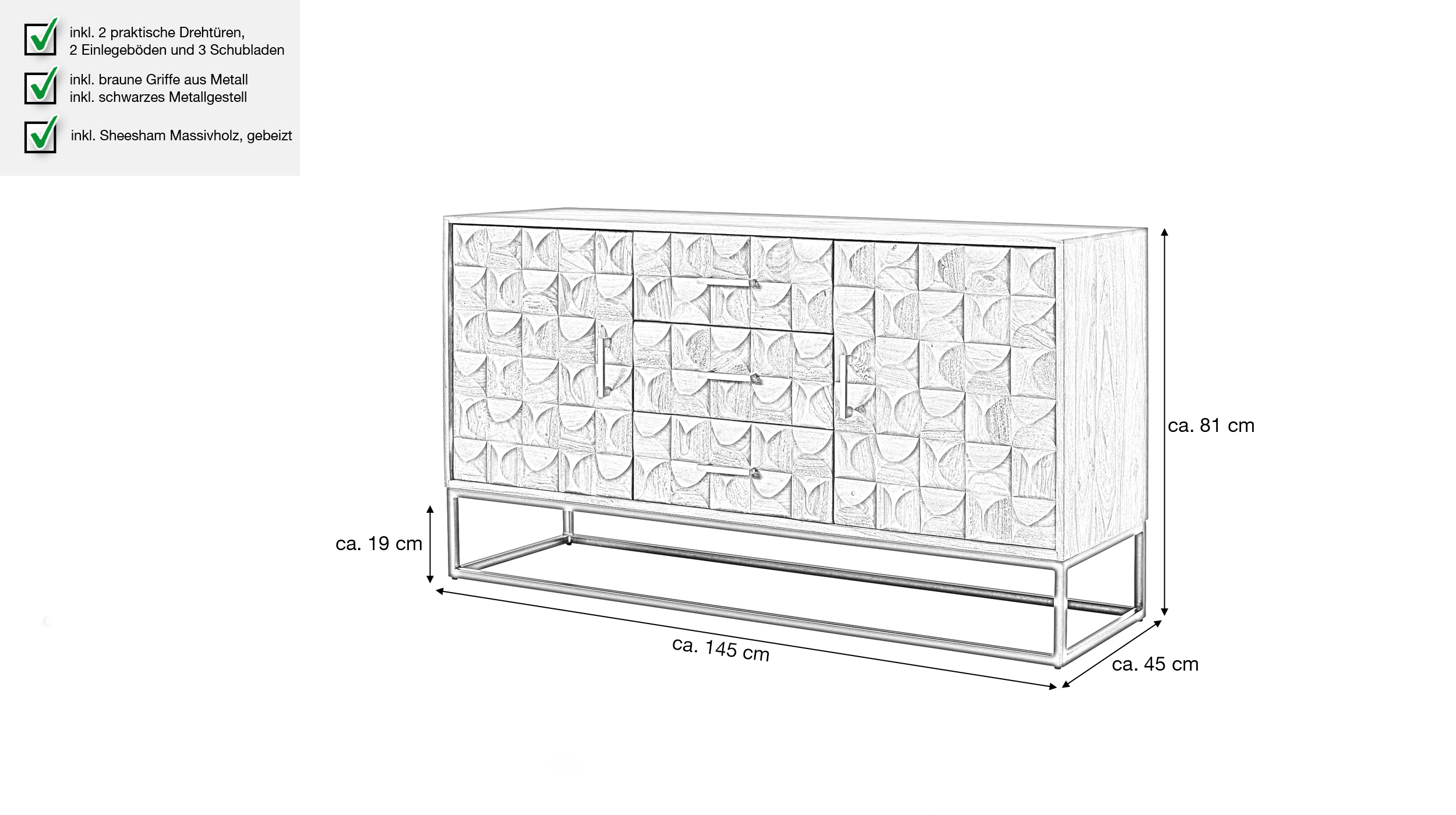 Sideboard mit 3 Schubladen Sheesham massiv gebeizt 145 cm - LENE
