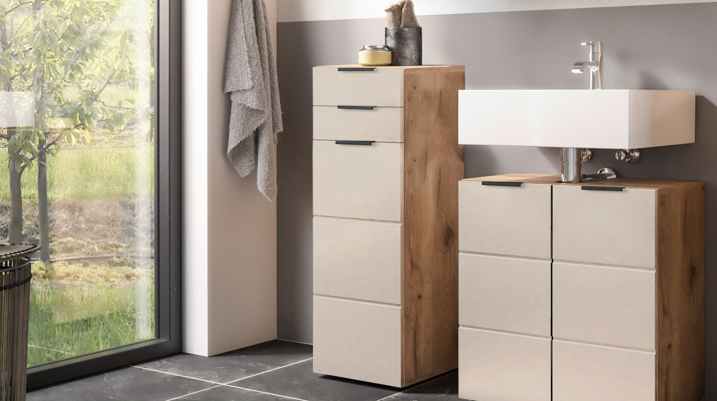 Bad Unterschrank Viking Eiche - beige 34 cm - 1 Tür - KRETA