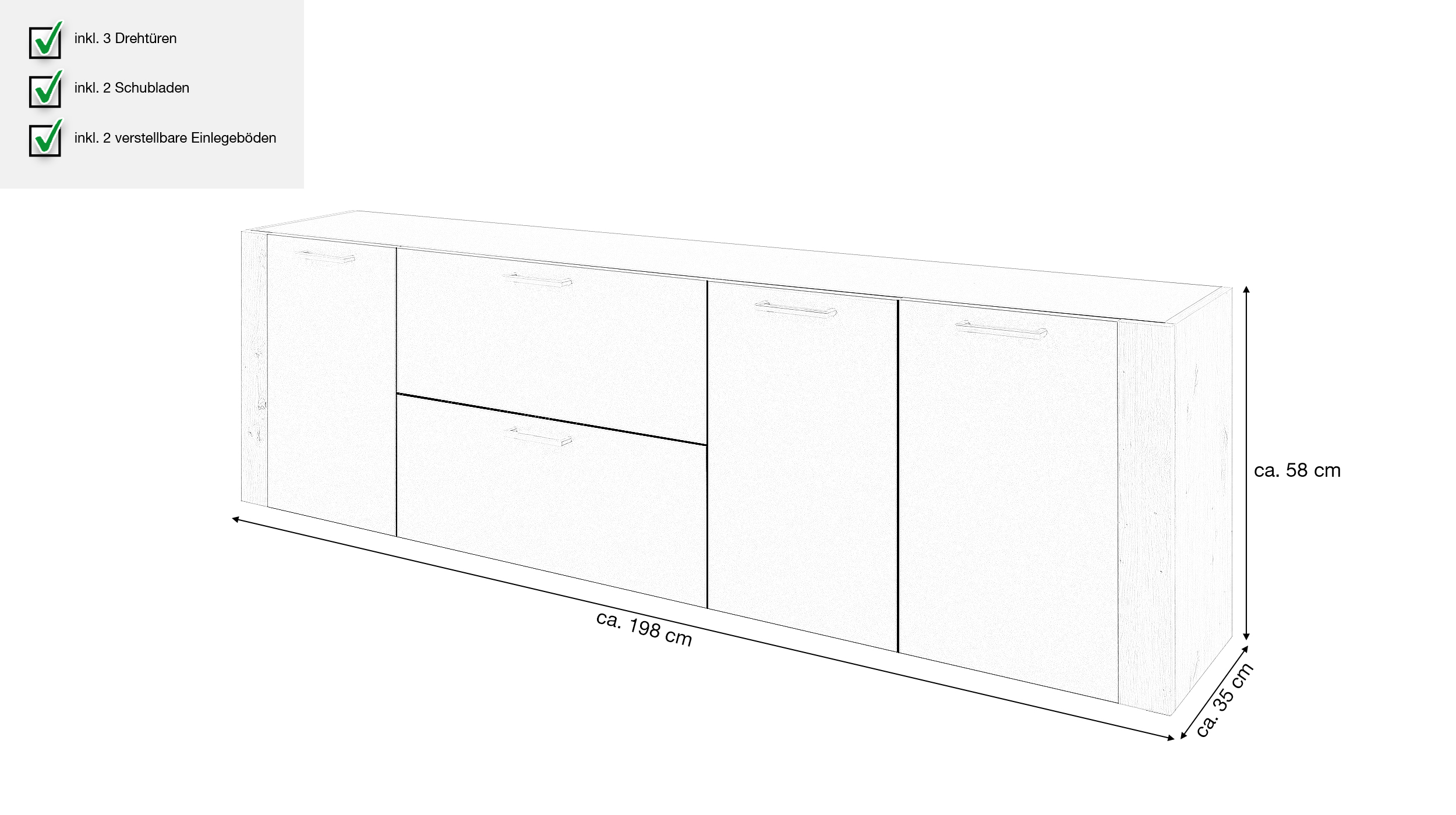 Sideboard mit 2 Schubladen anthrazit Artisan Eiche 198 cm - CENTO